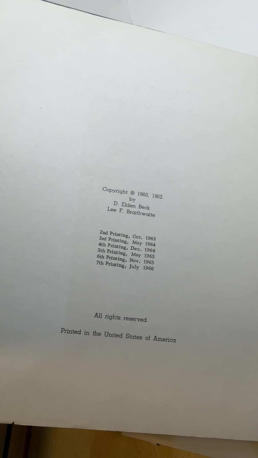 Invertebrate Zoology Laboratory Workbook by D Elden Beck and Lee F. Braithwaite - copyright page showing 1962 details