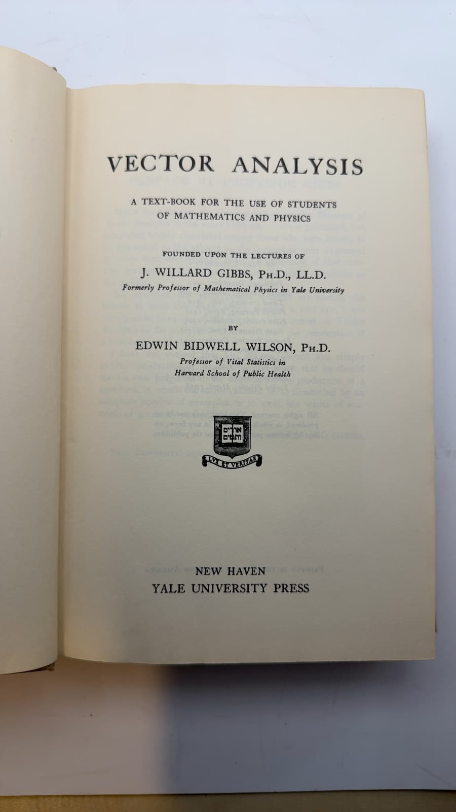 Vector Analysis: A Text-Book for the Use of Students of Mathematics and Physics by Edwin Bidwell Wilson - title page
