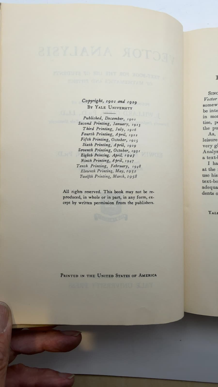 Vector Analysis: A Text-Book for the Use of Students of Mathematics and Physics by Edwin Bidwell Wilson - copyright page showing 1958 details