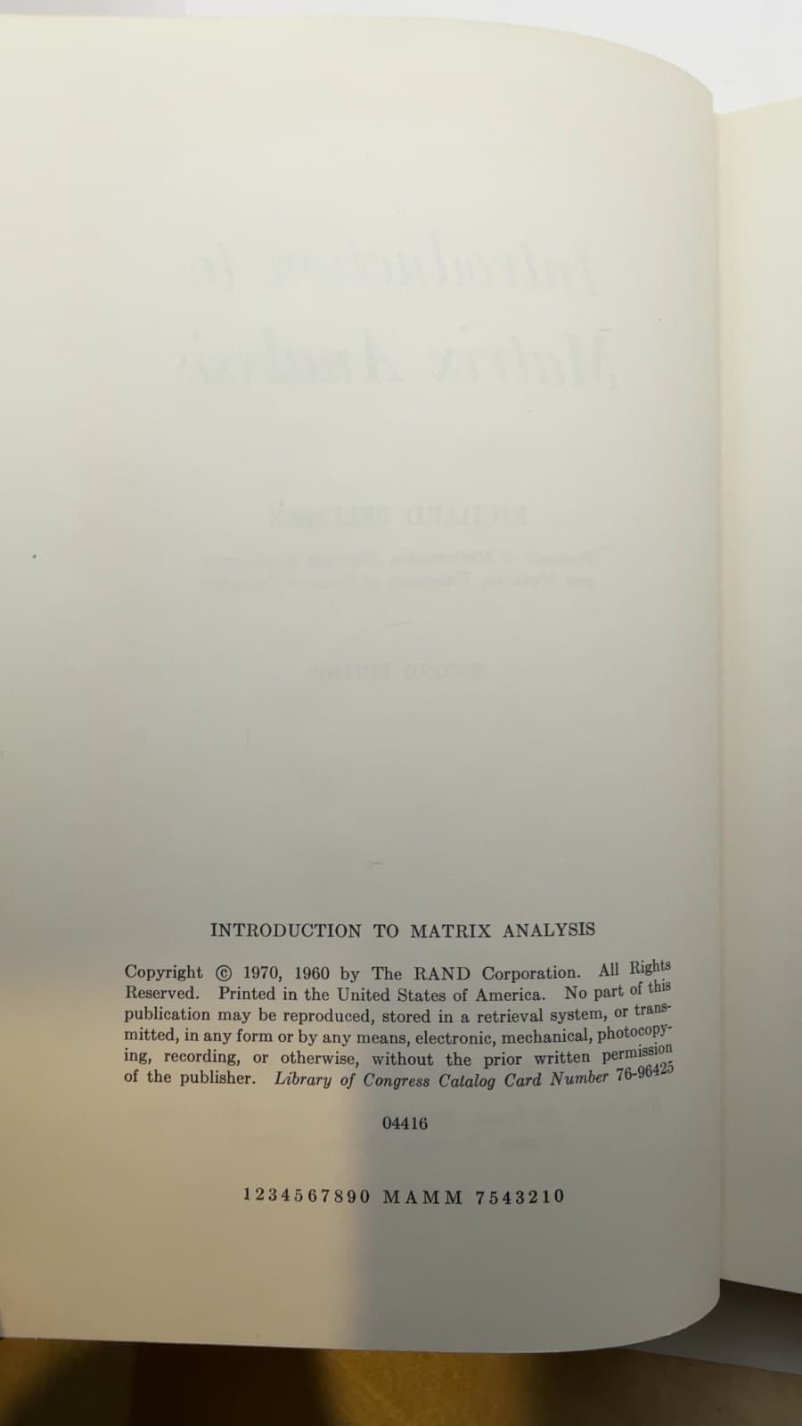 Introduction to Matrix Analysis by Richard Bellman - copyright page showing 1970 details