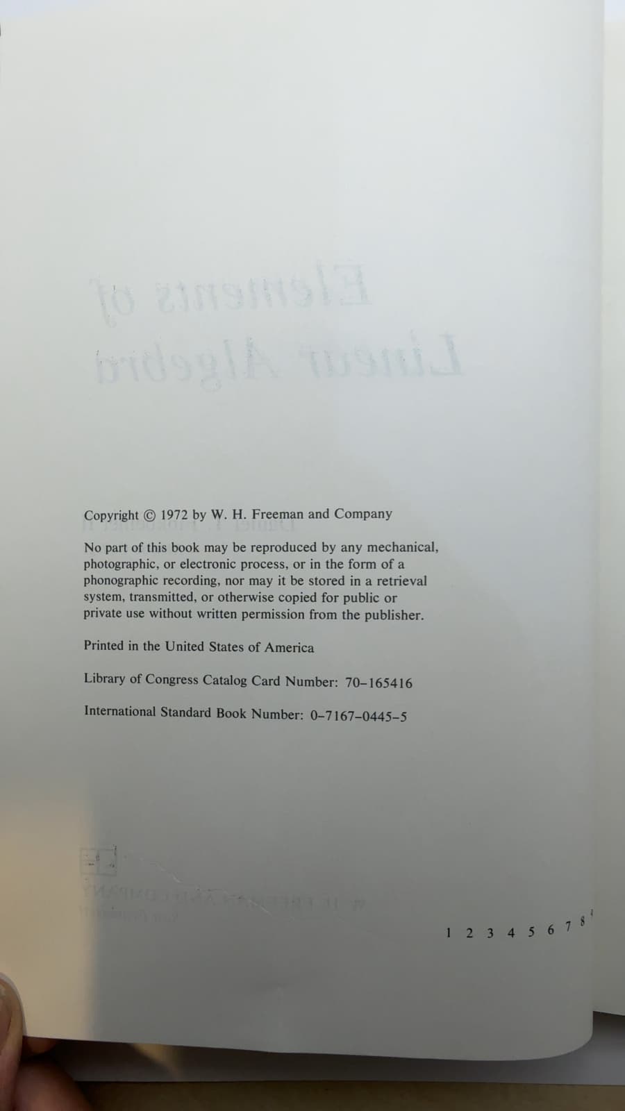 Elements of Linear Algebra by Daniel T. Finkbeiner II - copyright page showing 1972 details