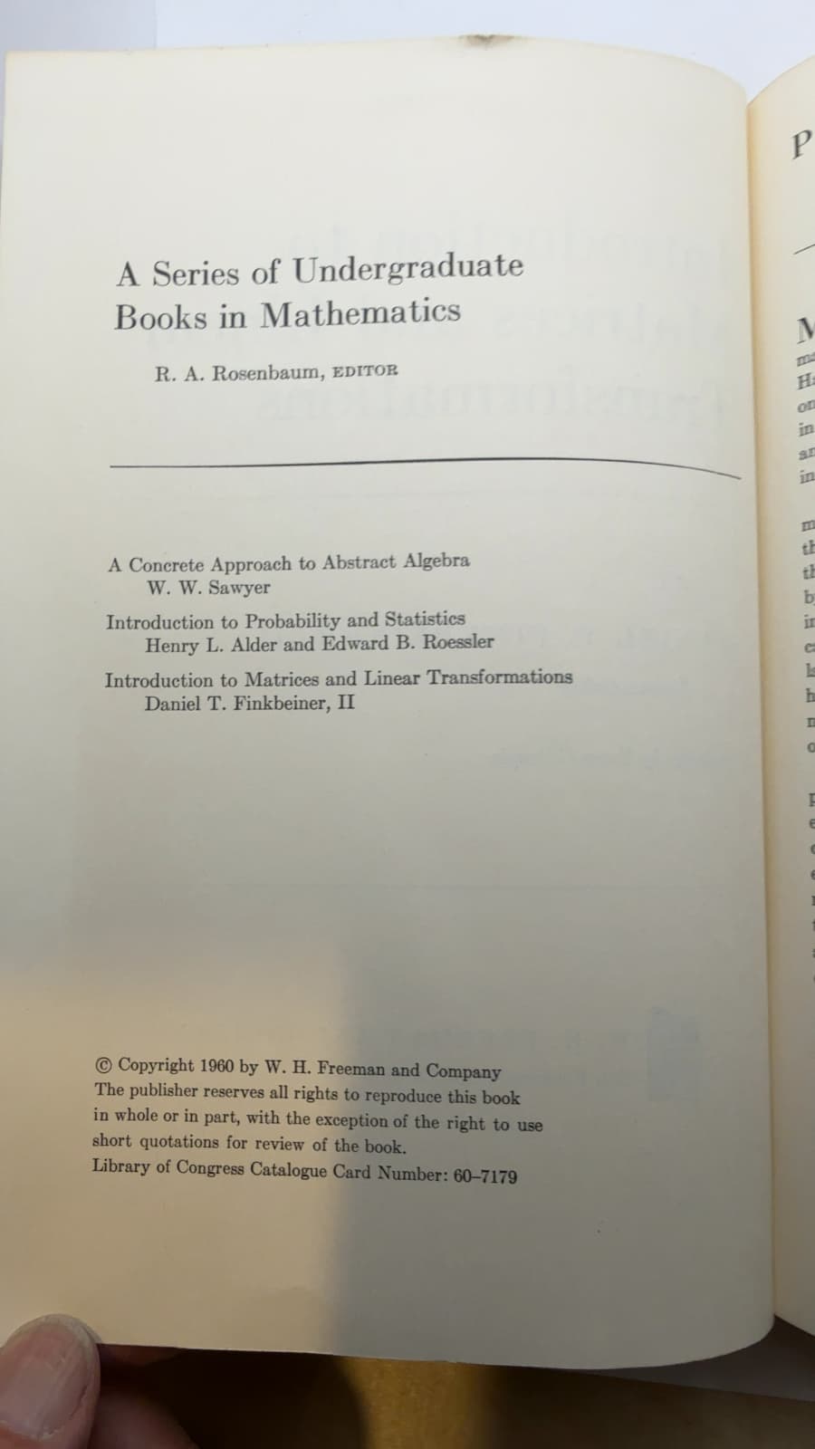 Introduction to Matrices and Linear Transformations by Daniel T. Finkbeiner, II - copyright page showing 1960 details