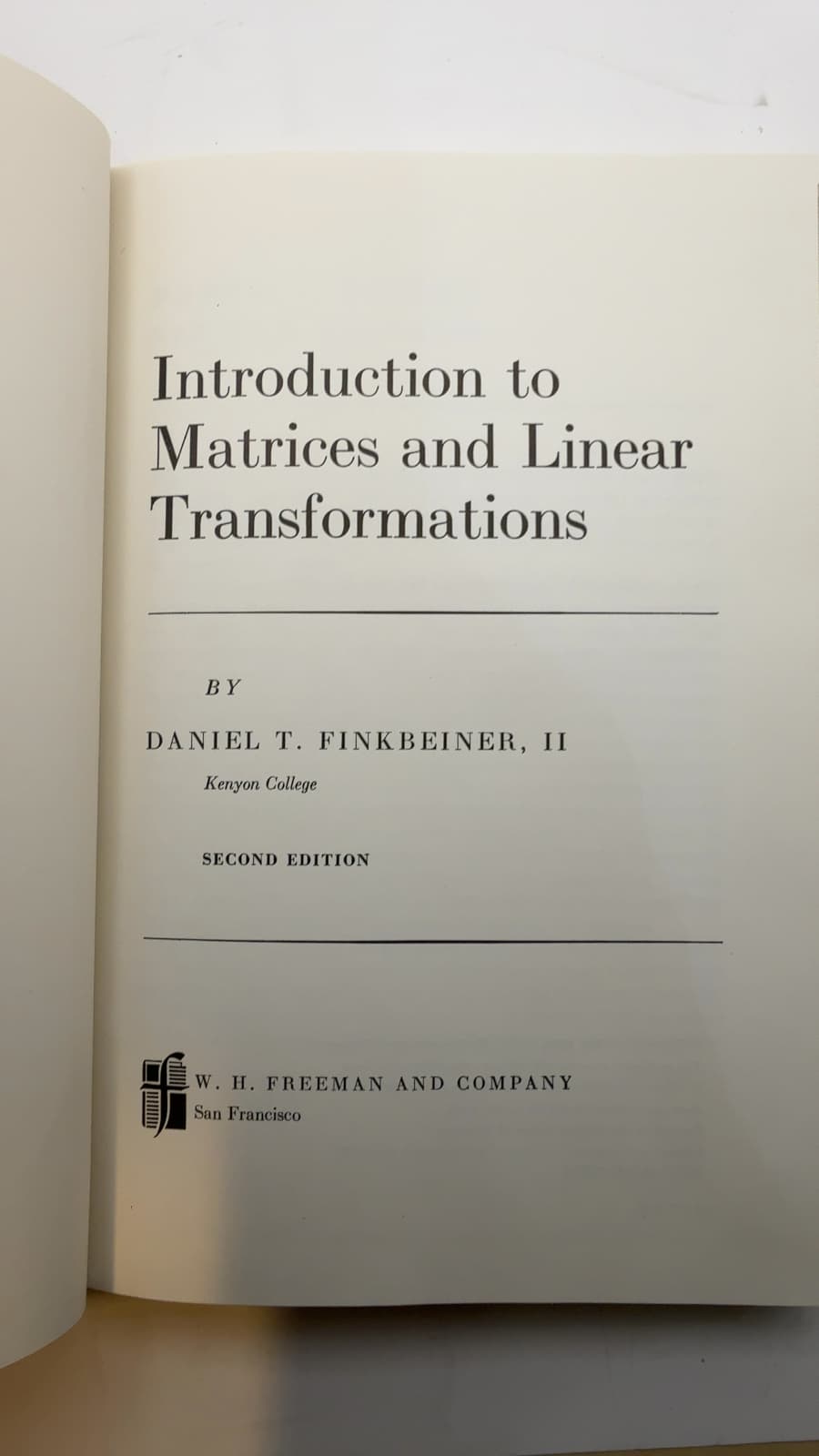 Introduction to Matrices and Linear Transformations by Daniel T. Finkbeiner, II - title page