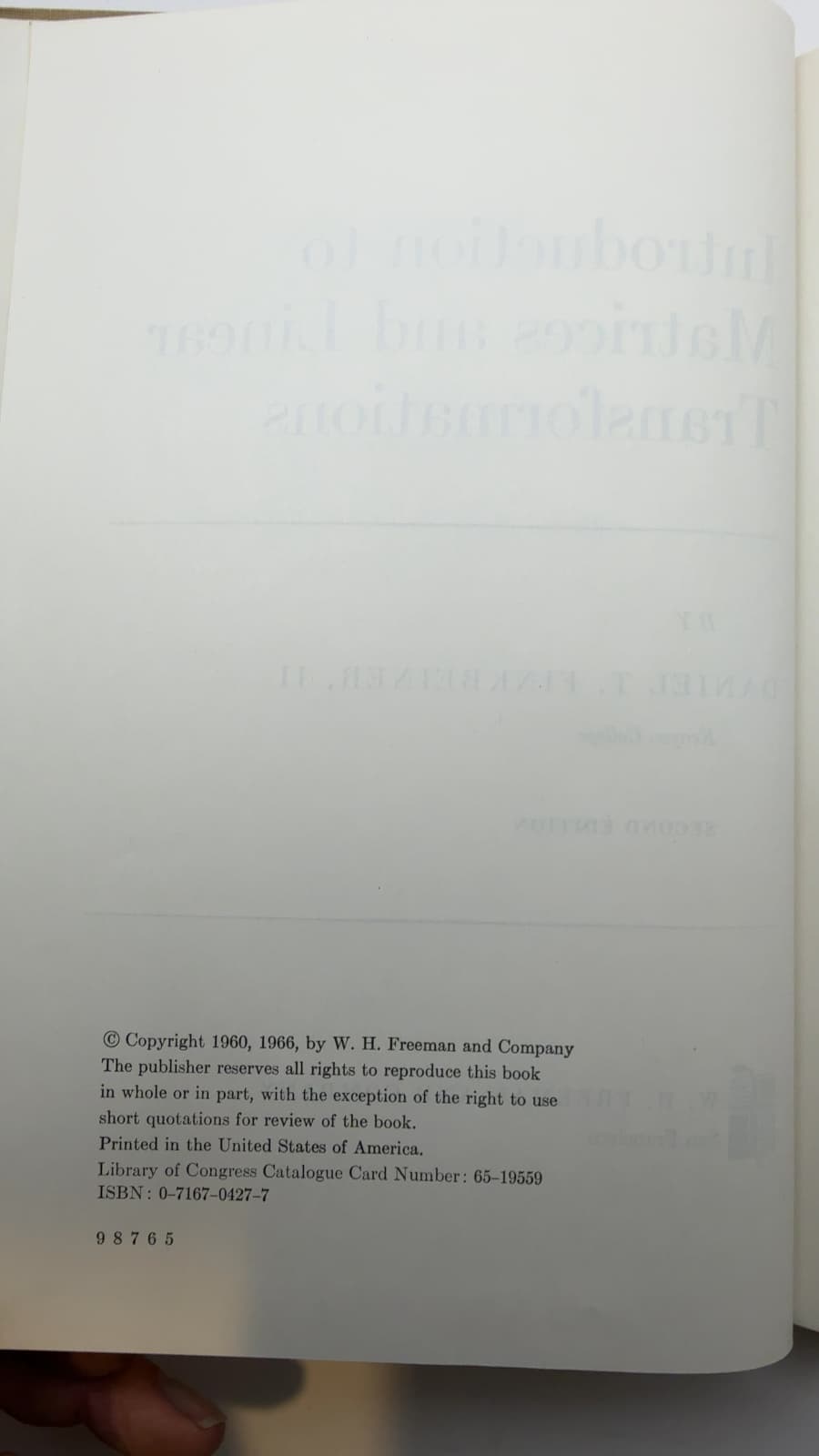 Introduction to Matrices and Linear Transformations by Daniel T. Finkbeiner, II - copyright page showing 1966 details