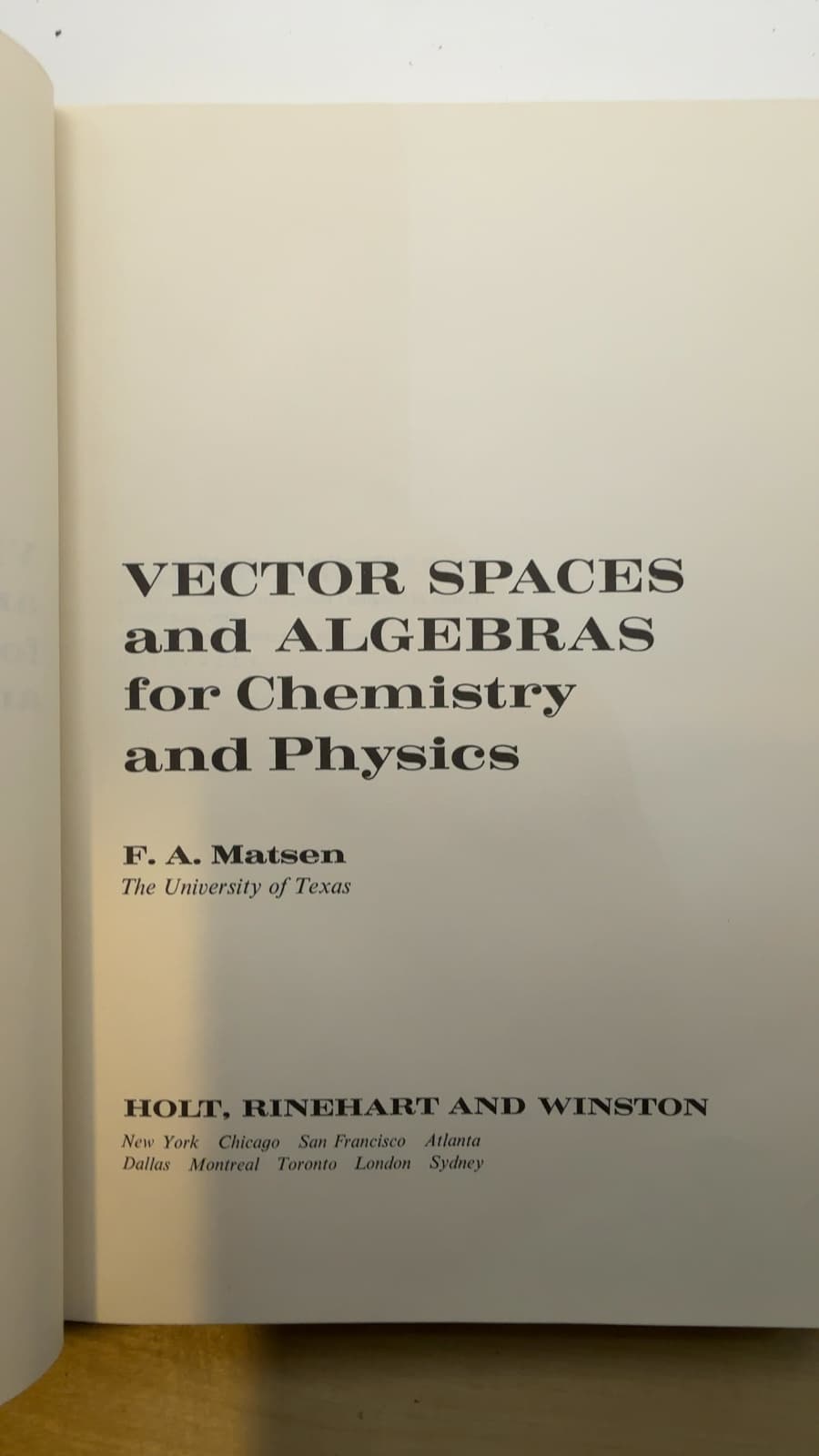 Vector Spaces and Algebras for Chemistry and Physics by F. A. Matsen - title page