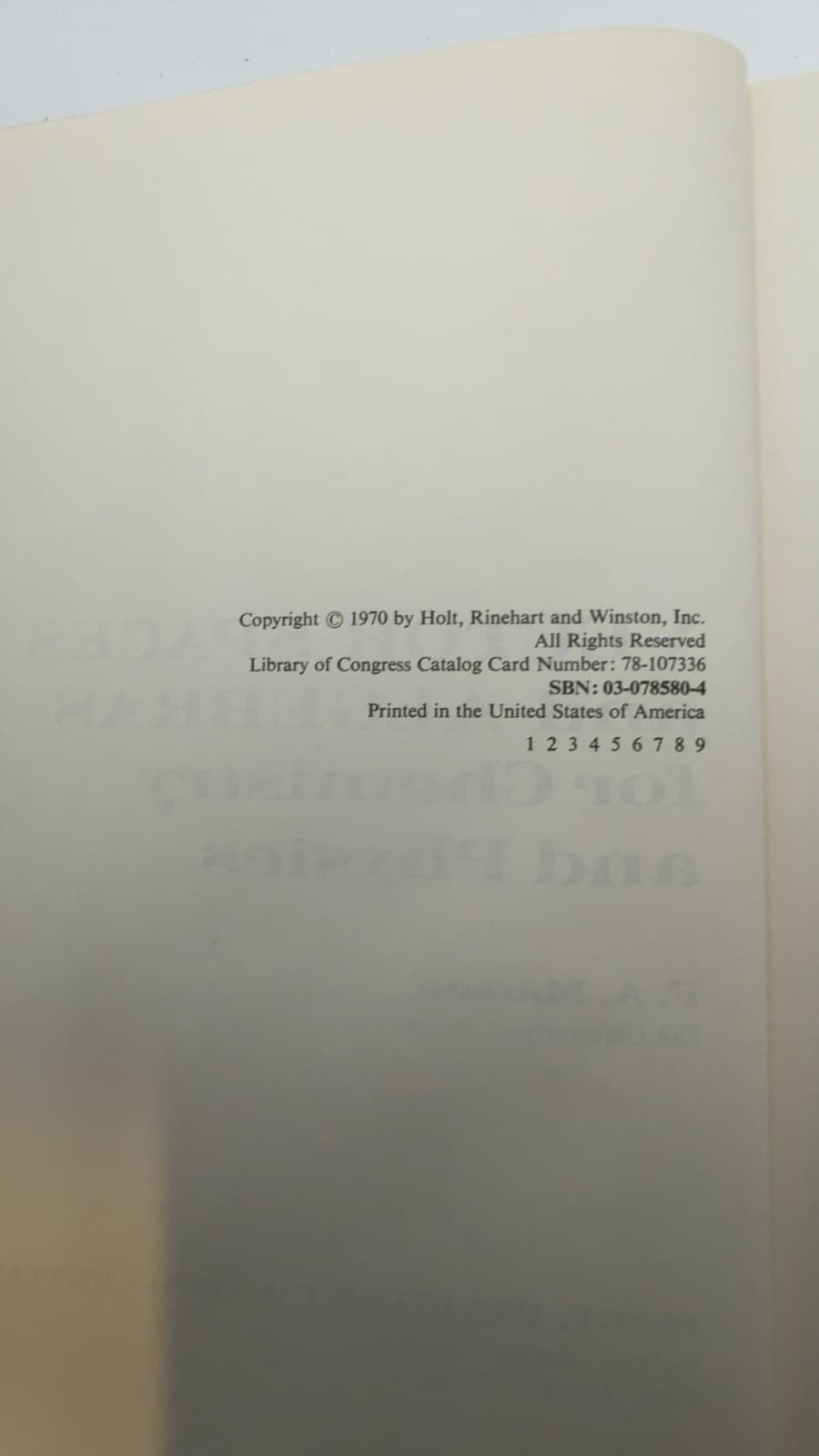 Vector Spaces and Algebras for Chemistry and Physics by F. A. Matsen - copyright page showing 1970 details