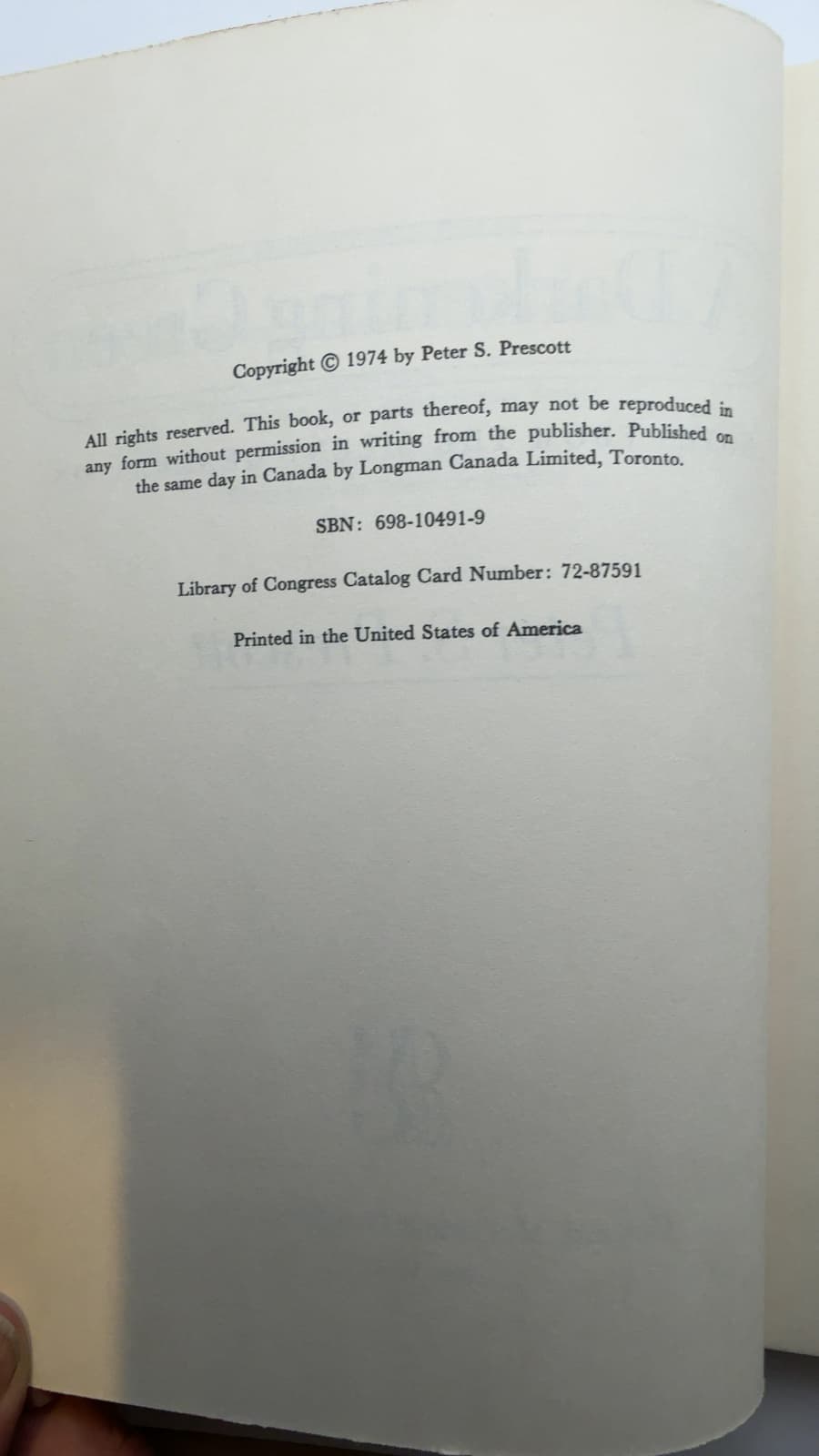 A Darkening Green: Notes from the Silent Generation by Peter S. Prescott - copyright page showing 1974 details