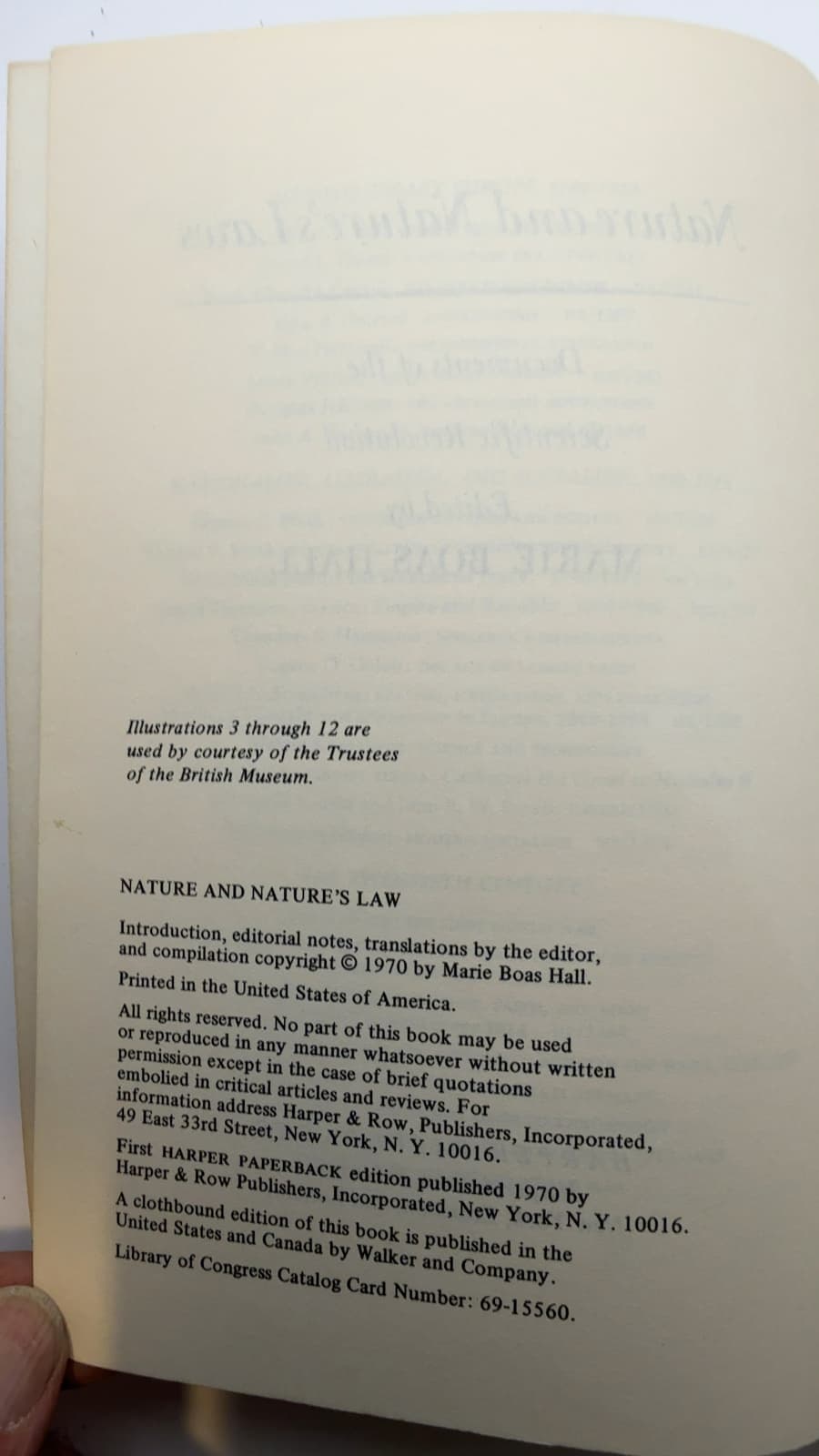 Nature and Nature's Laws: Documents of the Scientific Revolution by Marie Boas Hall - copyright page showing 1970 details
