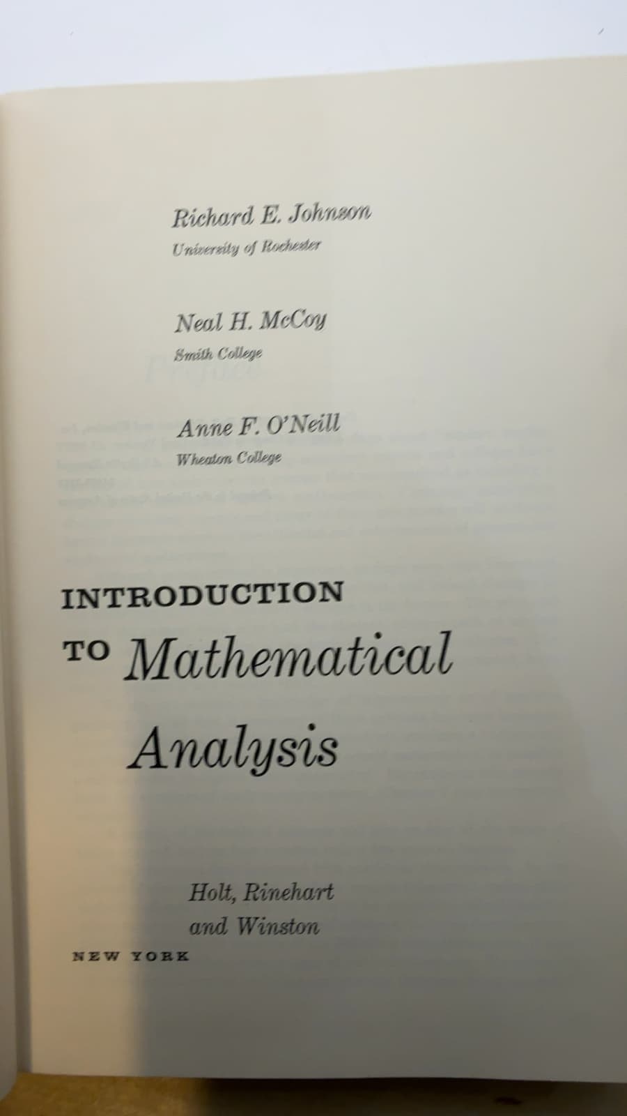 Introduction to Mathematical Analysis by Richard E. Johnson, Neal H. McCoy, Anne F. O'Neill - title page