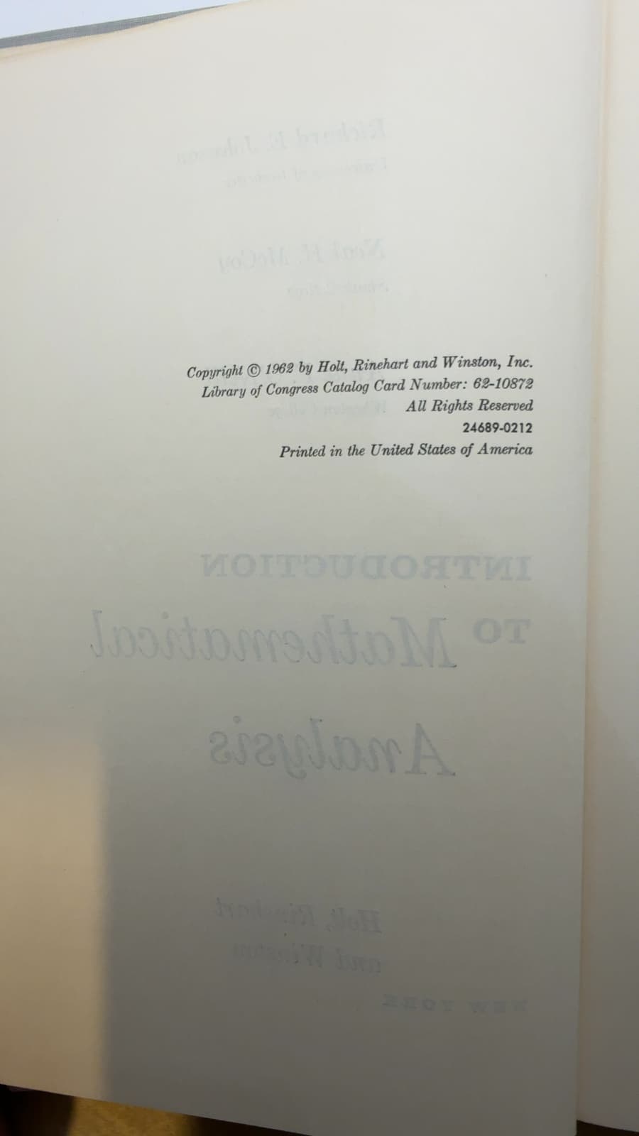 Introduction to Mathematical Analysis by Richard E. Johnson, Neal H. McCoy, Anne F. O'Neill - copyright page showing 1962 details