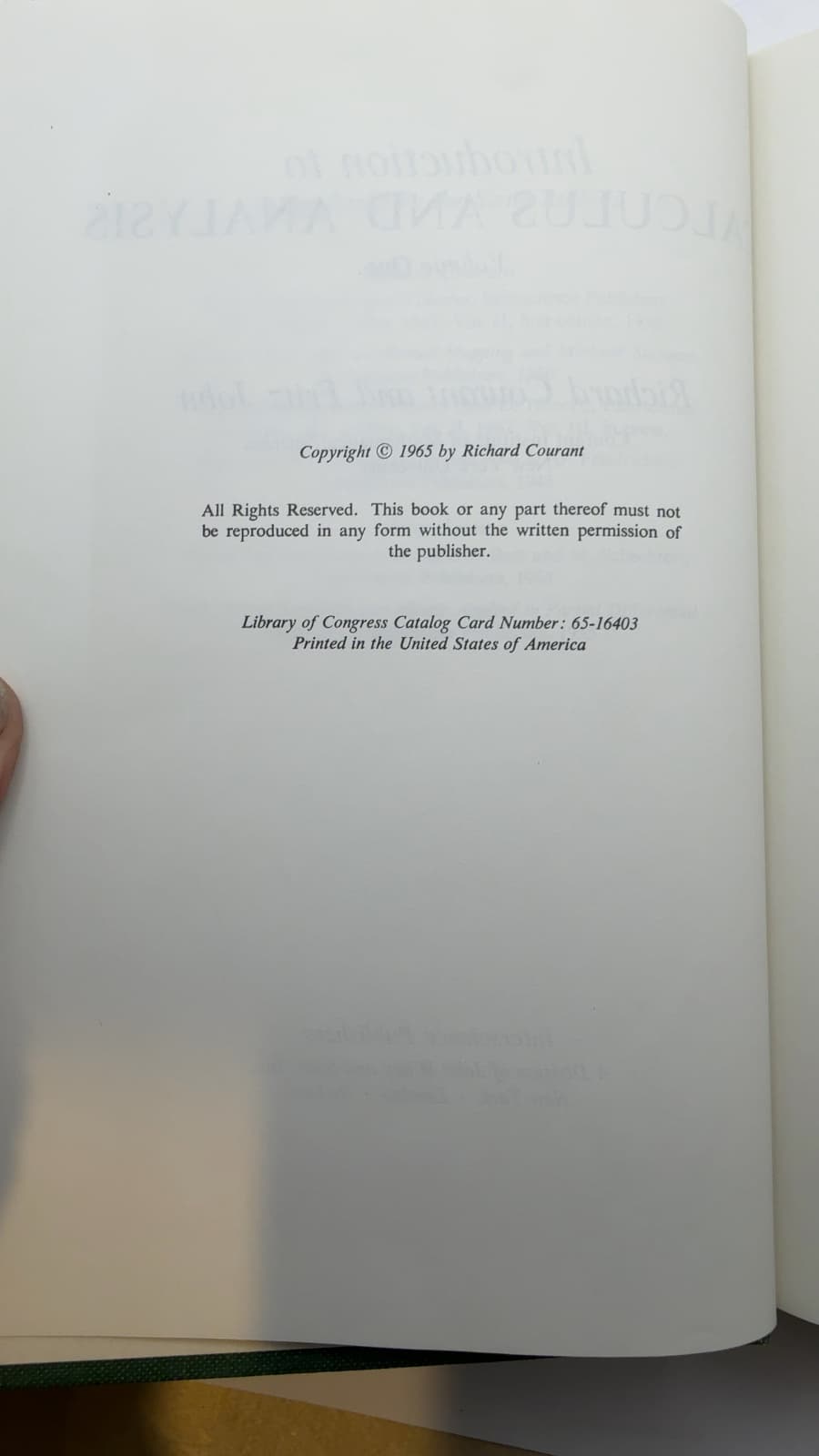 Introduction to Calculus and Analysis Volume One by Richard Courant and Fritz John - copyright page showing 1965 details
