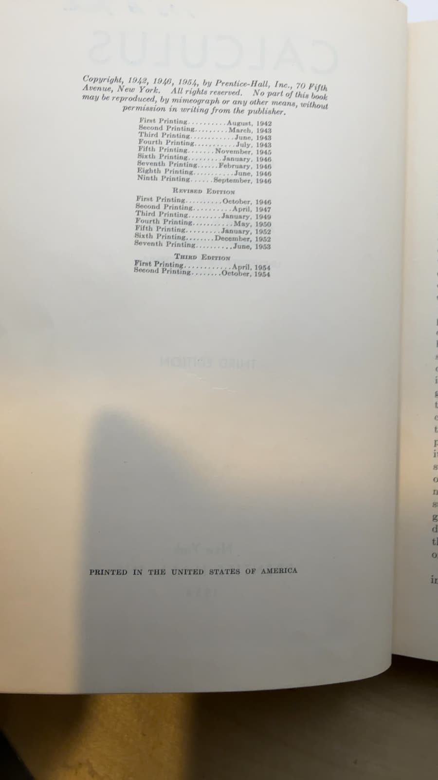Calculus by G. E. F. Sherwood and Angus E. Taylor - copyright page showing 1954 details