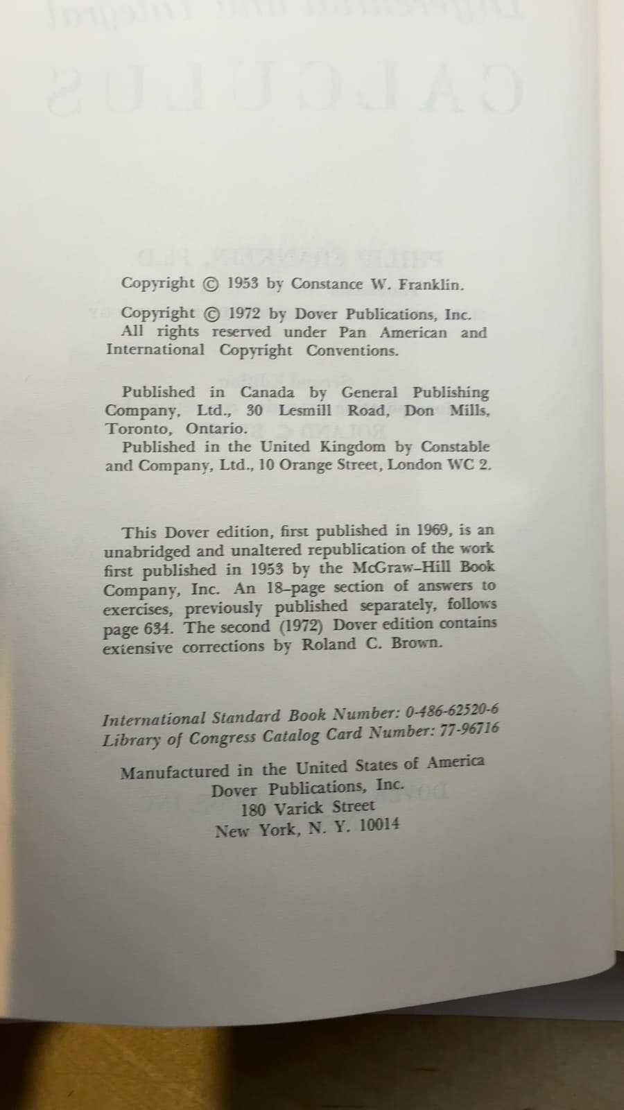 Differential and Integral Calculus by Philip Franklin, Ph.D. - copyright page showing 1972 details