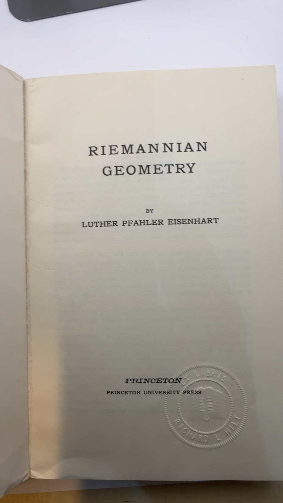 Riemannian Geometry by Luther Pfahler Eisenhart - title page
