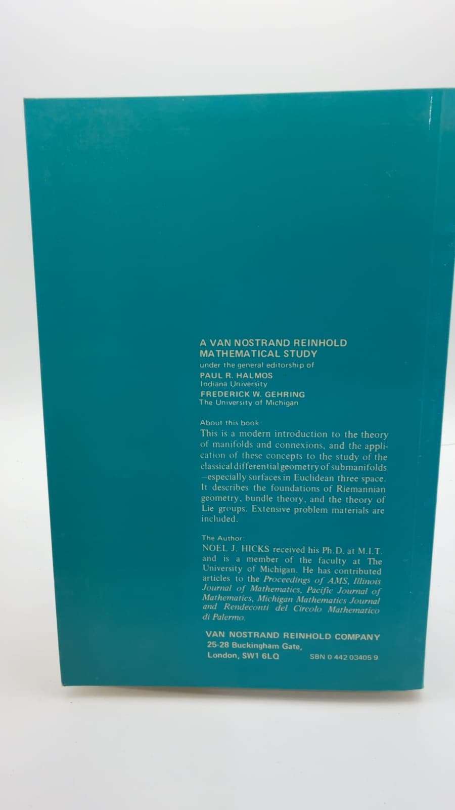 Notes on Differential Geometry by Noel J. Hicks - quarter view showing binding condition