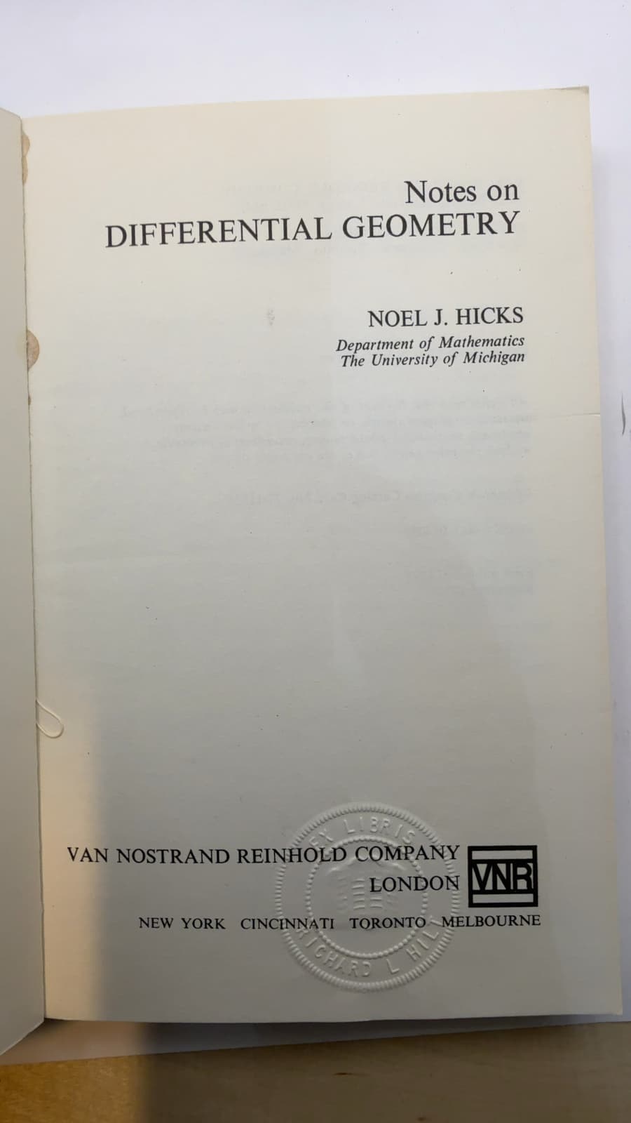 Notes on Differential Geometry by Noel J. Hicks - title page