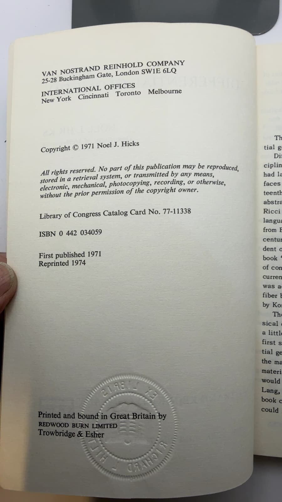 Notes on Differential Geometry by Noel J. Hicks - copyright page showing 1971 details