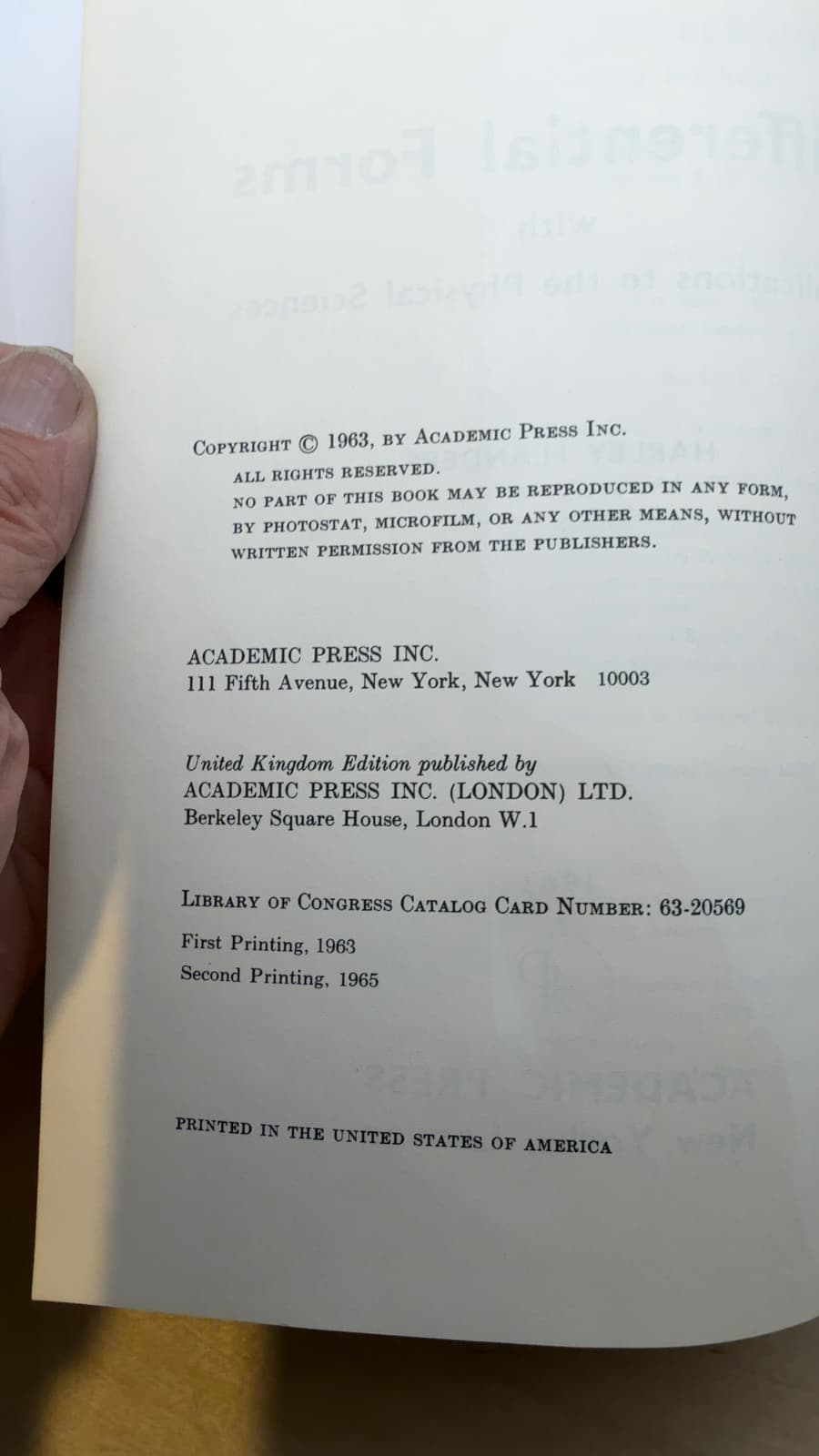 Differential Forms with Applications to the Physical Sciences by Harley Flanders - copyright page showing 1963 details