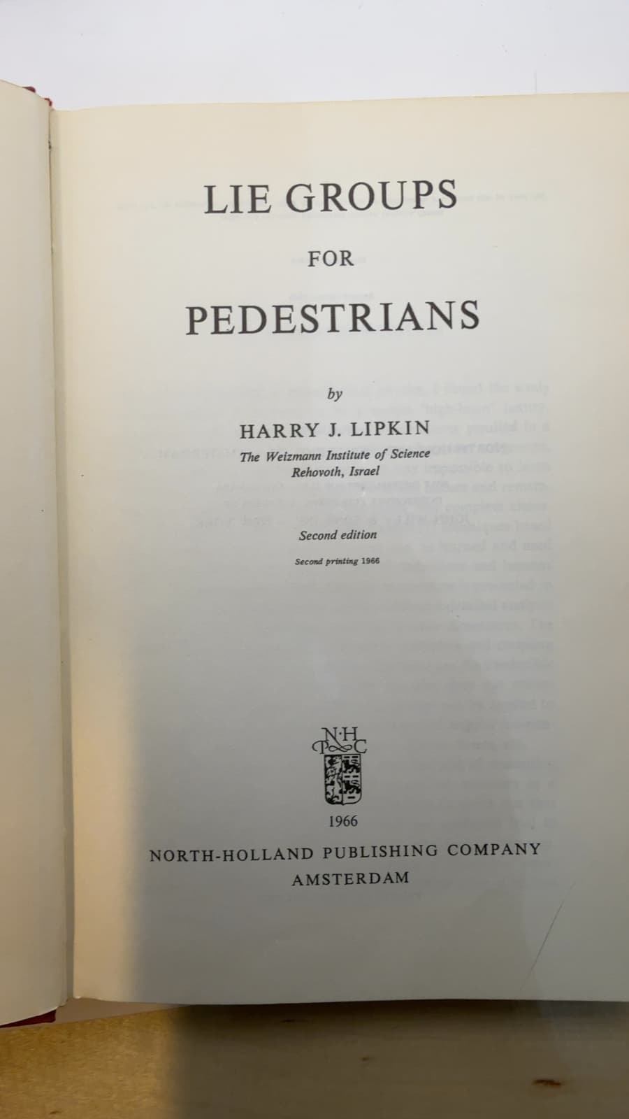 LIE Groups FOR Pedestrians by Harry J. Lipkin - title page