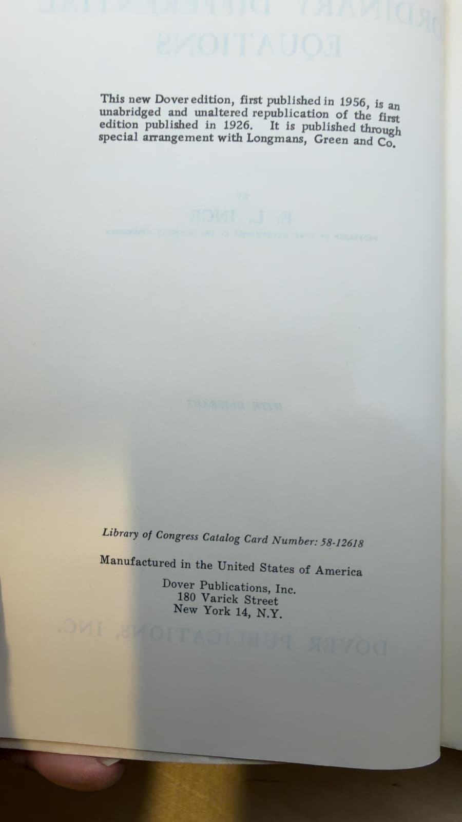Ordinary Differential Equations by E. L. Ince - copyright page showing 1956 details