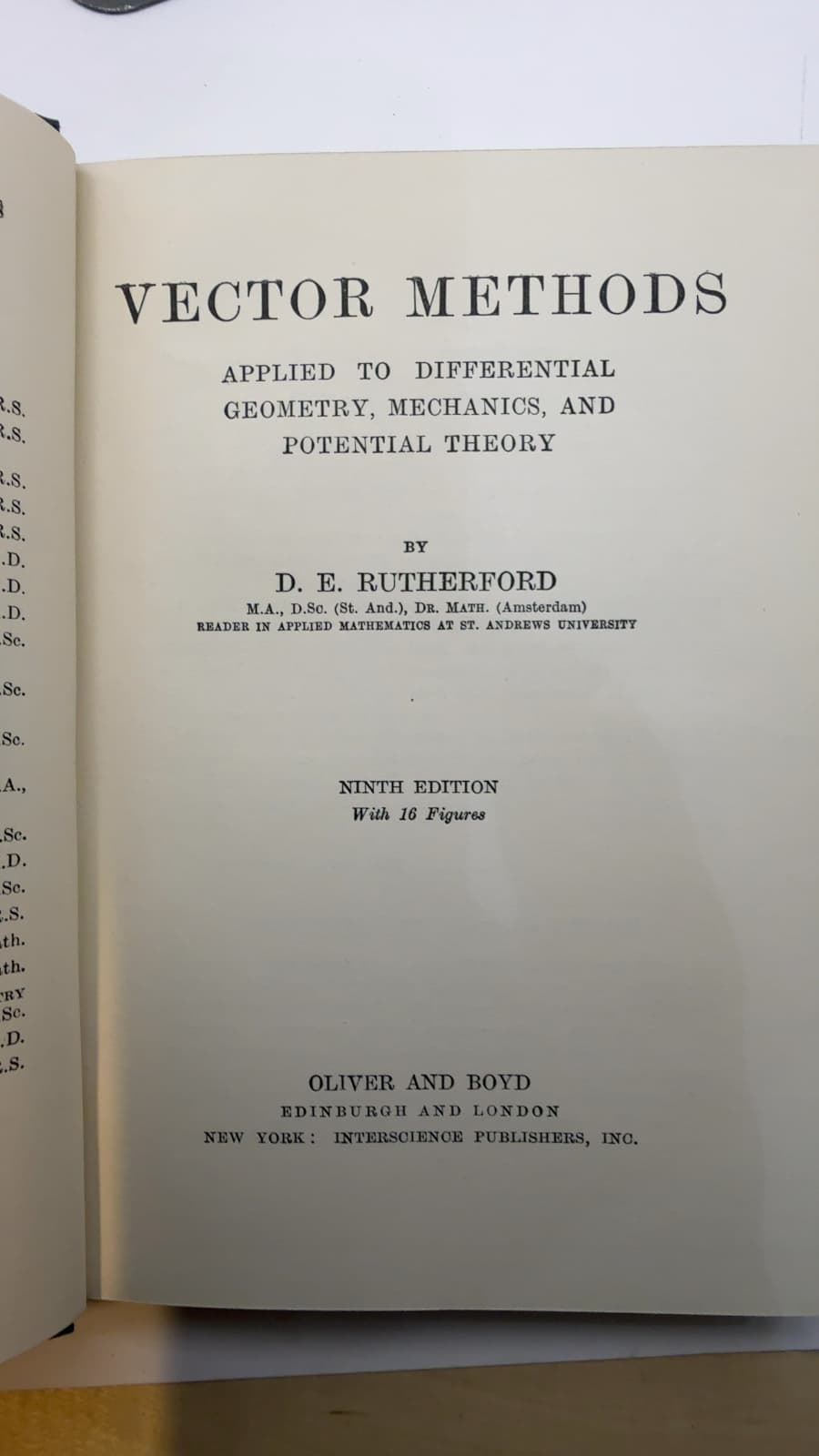 Vector Methods Applied to Differential Geometry, Mechanics, and Potential Theory by D. E. Rutherford - title page