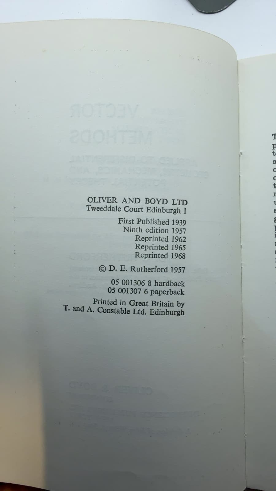 Vector Methods: Applied to Differential Geometry, Mechanics, and Potential Theory by D. E. Rutherford - copyright page showing 1957 details