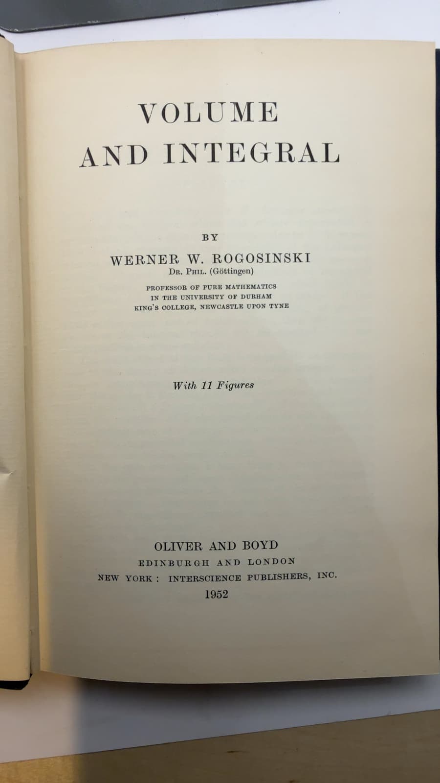 Volume and Integral by Werner W. Rogosinski - title page