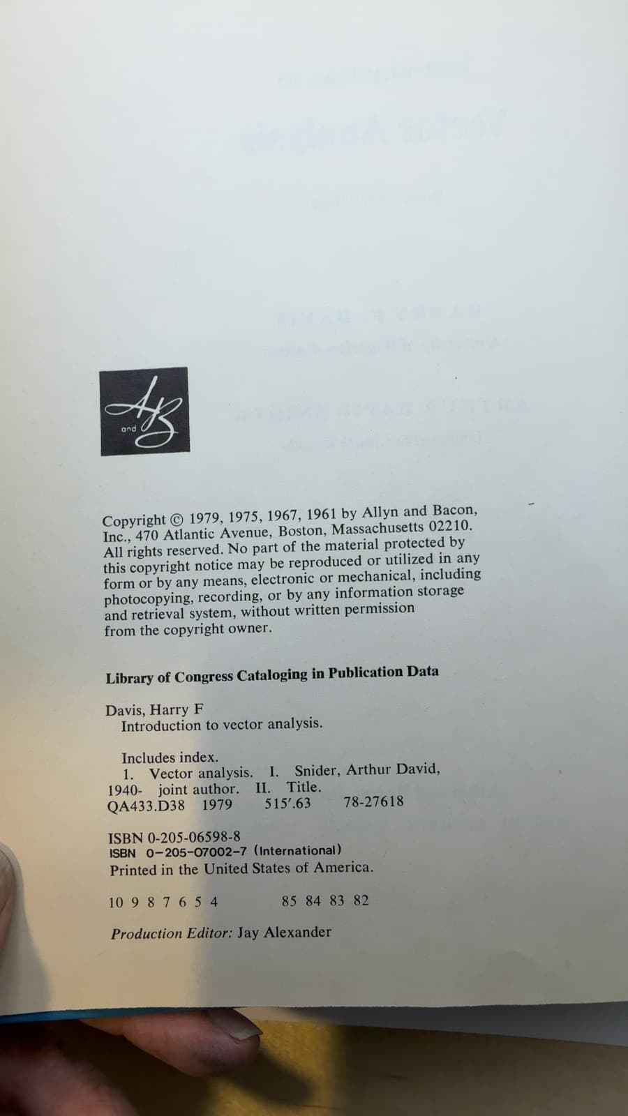 Introduction to Vector Analysis by Harry F. Davis / Arthur David Snider - copyright page showing 1979 details