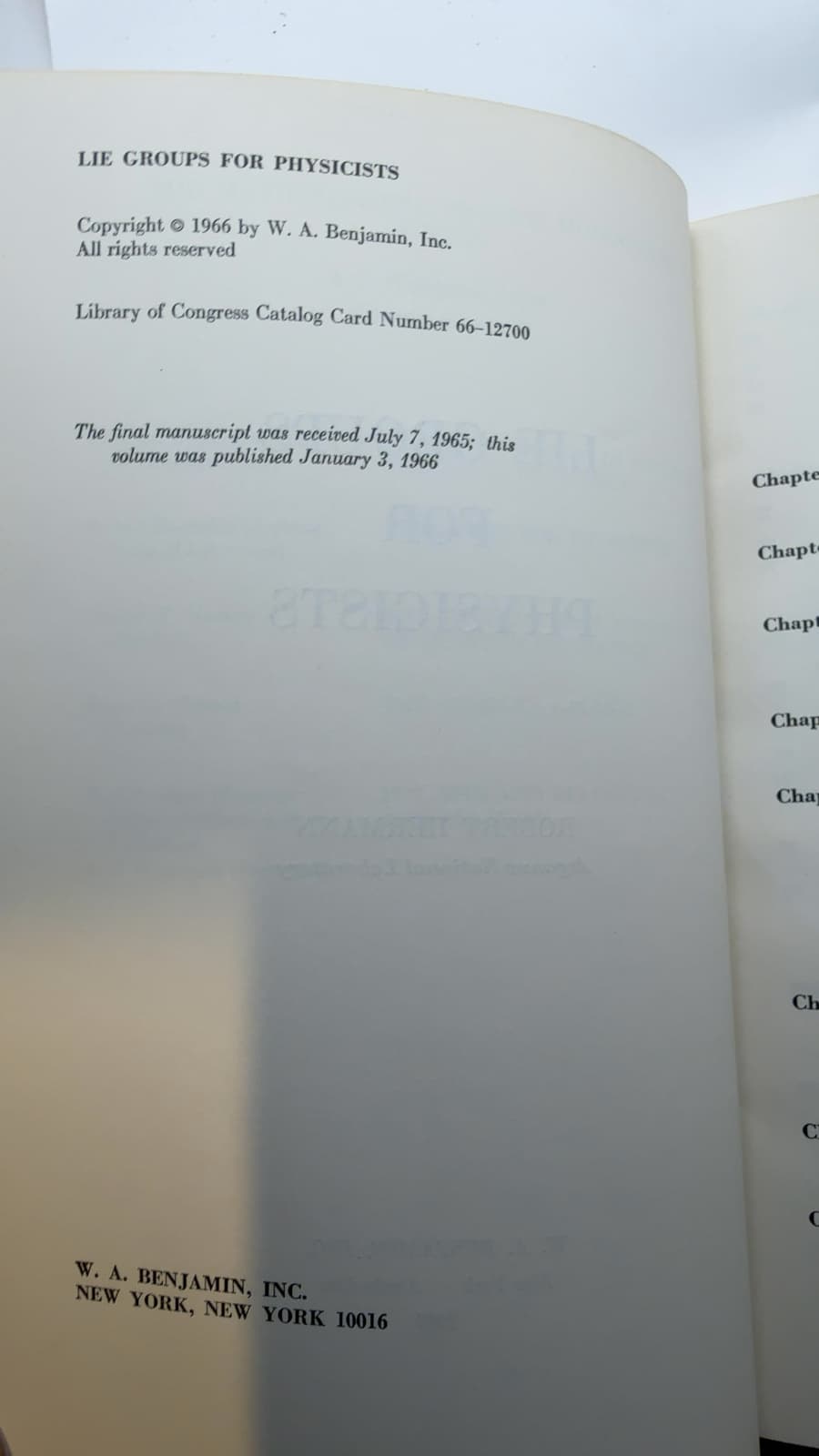 LIE Groups FOR Physicists by Robert Hermann - copyright page showing 1966 details