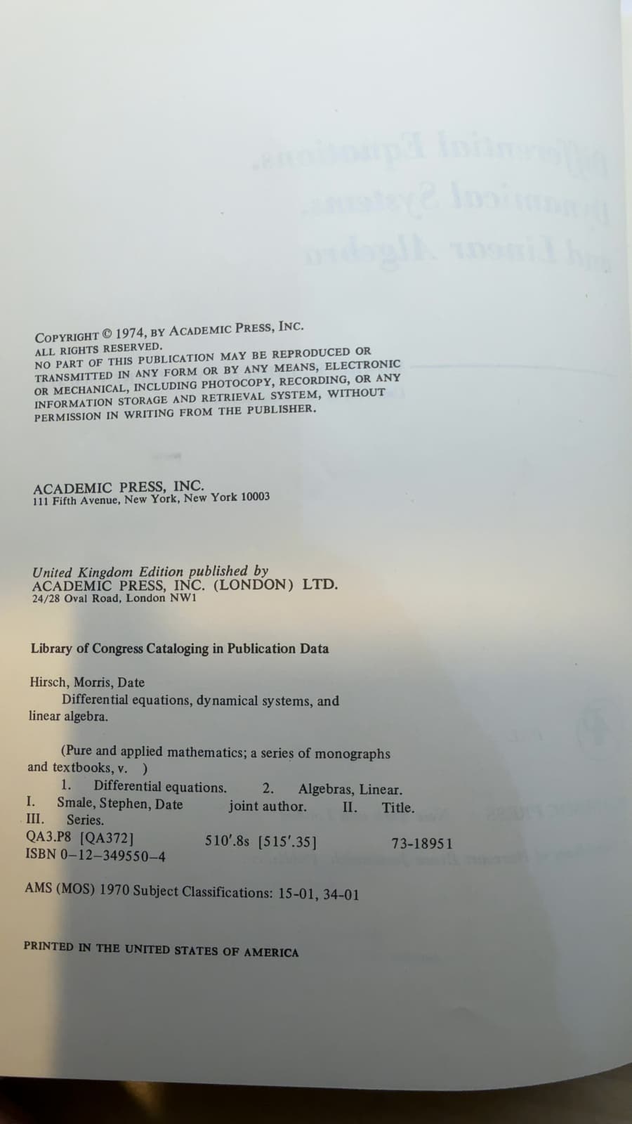 Differential Equations, Dynamical Systems, and Linear Algebra by Morris W. Hirsch and Stephen Smale - copyright page showing 1974 details