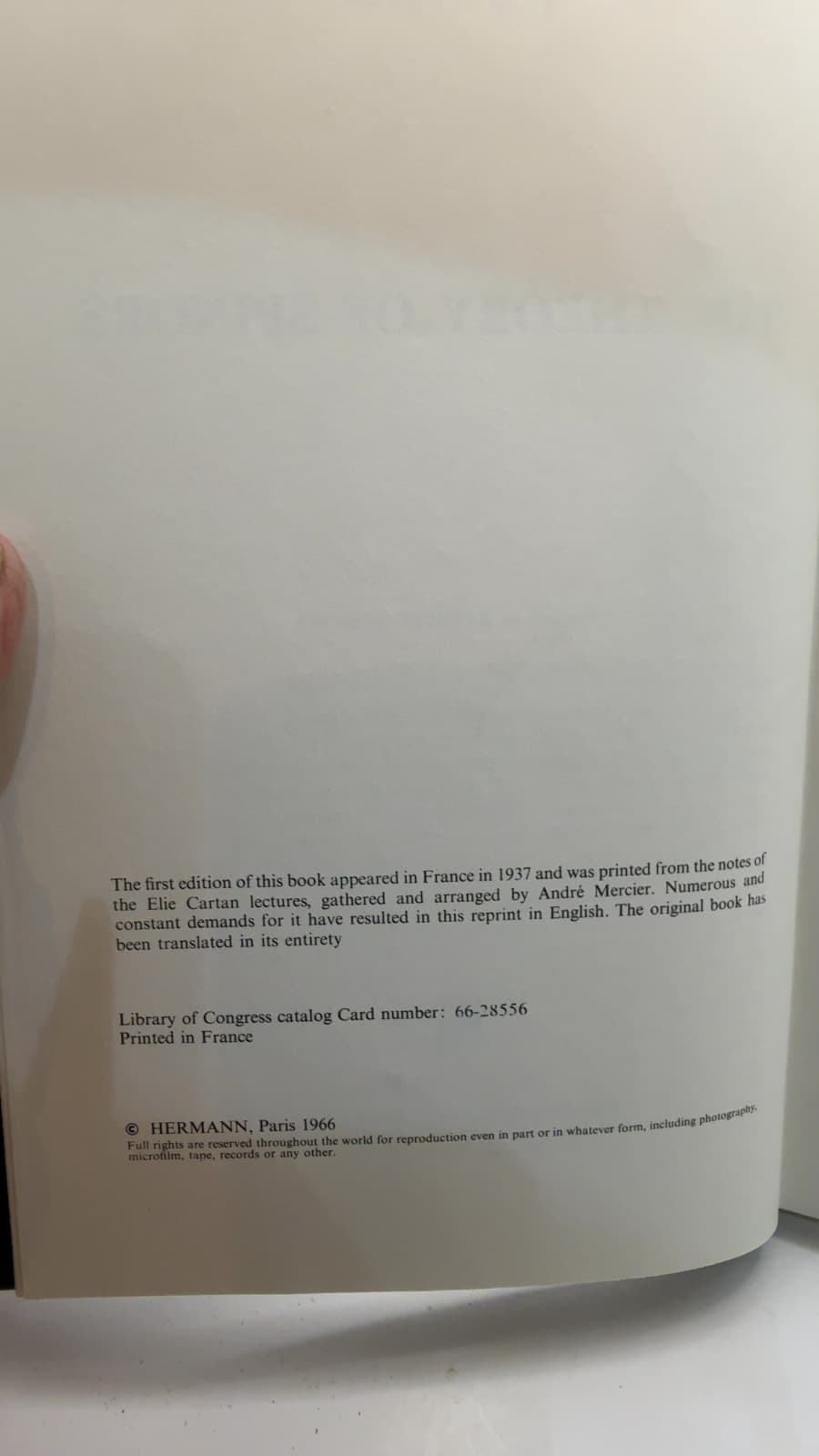 The Theory of Spinors by Elie Cartan - copyright page showing 1966 details