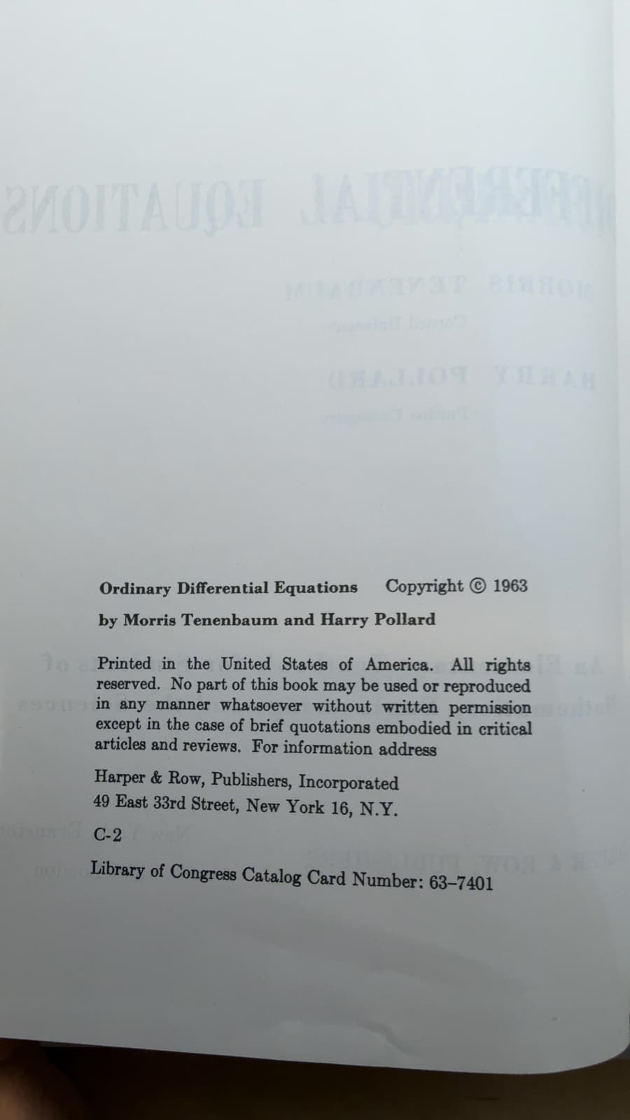 Ordinary Differential Equations by Morris Tenenbaum and Harry Pollard - copyright page showing 1963 details