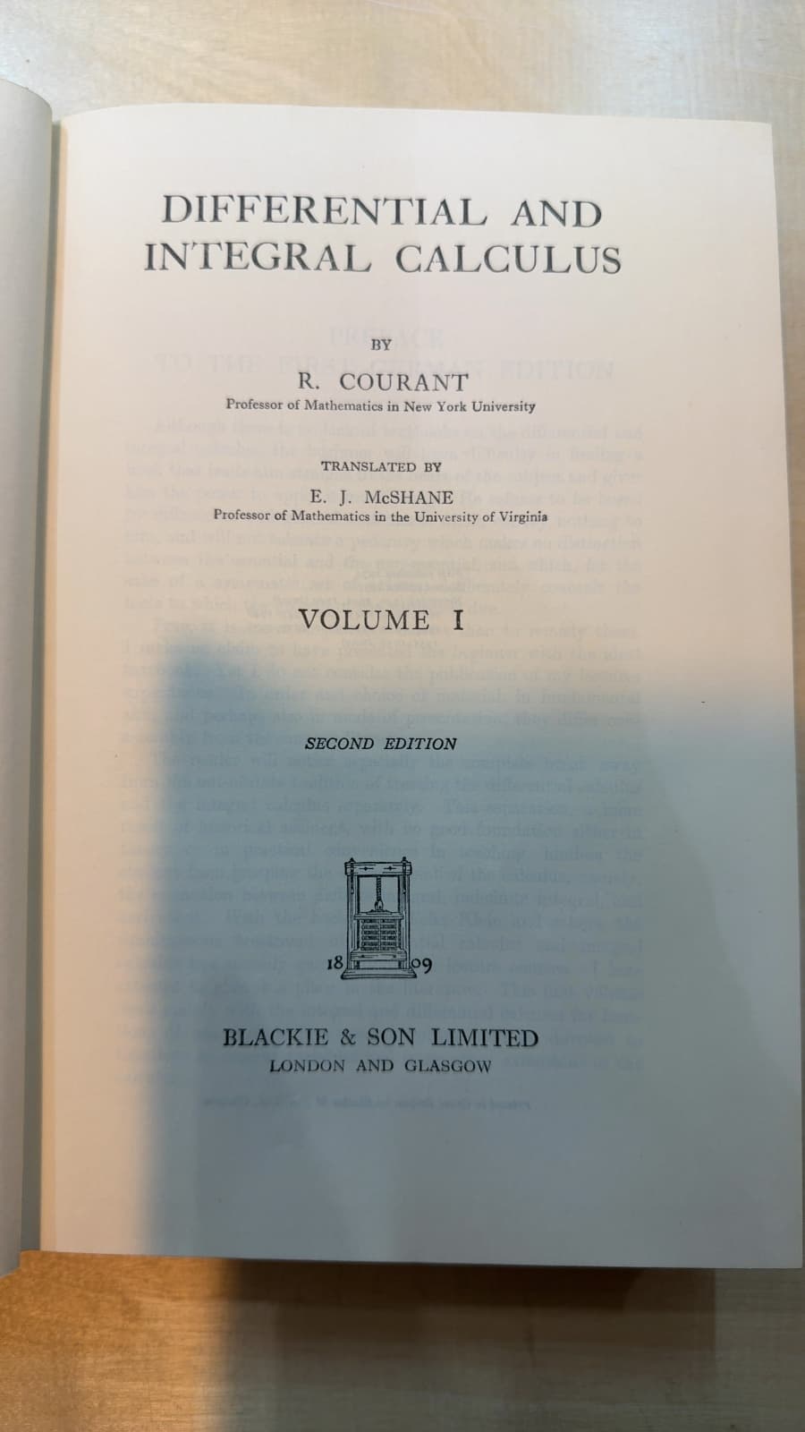 Differential and Integral Calculus, Volume I by R. Courant - title page