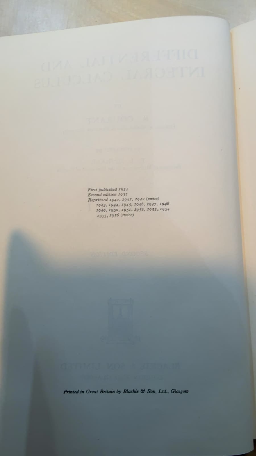 Differential and Integral Calculus, Volume I by R. Courant - copyright page showing 1937 details
