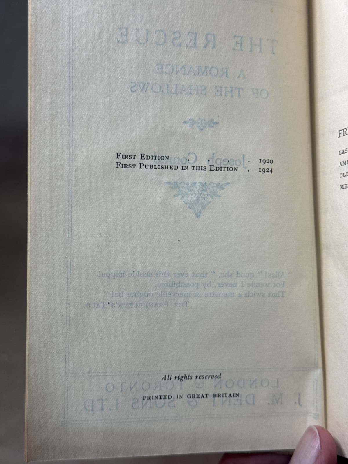 The Rescue: A Romance of the Shallows by Joseph Conrad - copyright page showing 1924 details