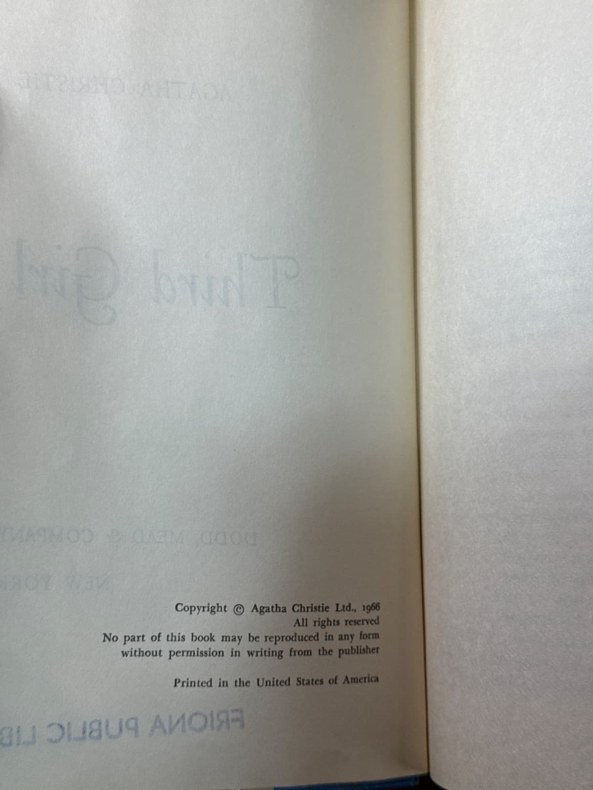 Third Girl by Agatha Christie - copyright page showing publication details