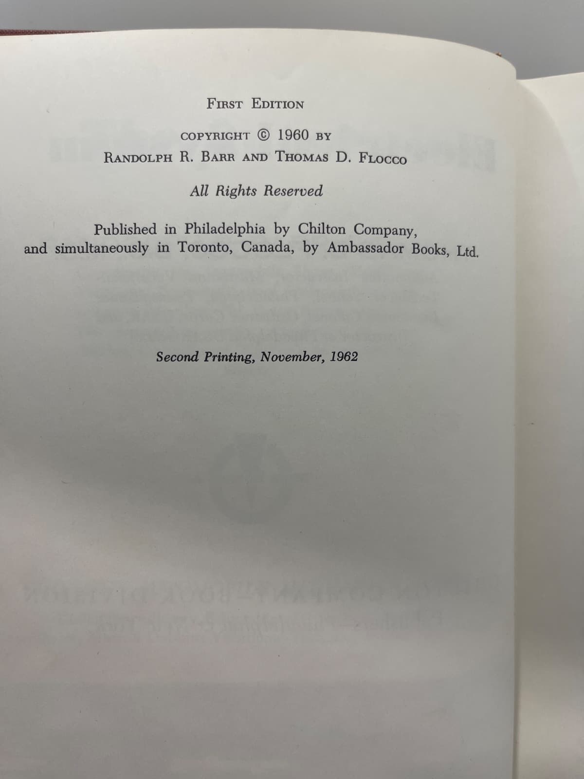 The Automobile Electrical System by Randolph R. Barr and Thomas D. Flocco - copyright page showing 1962 details