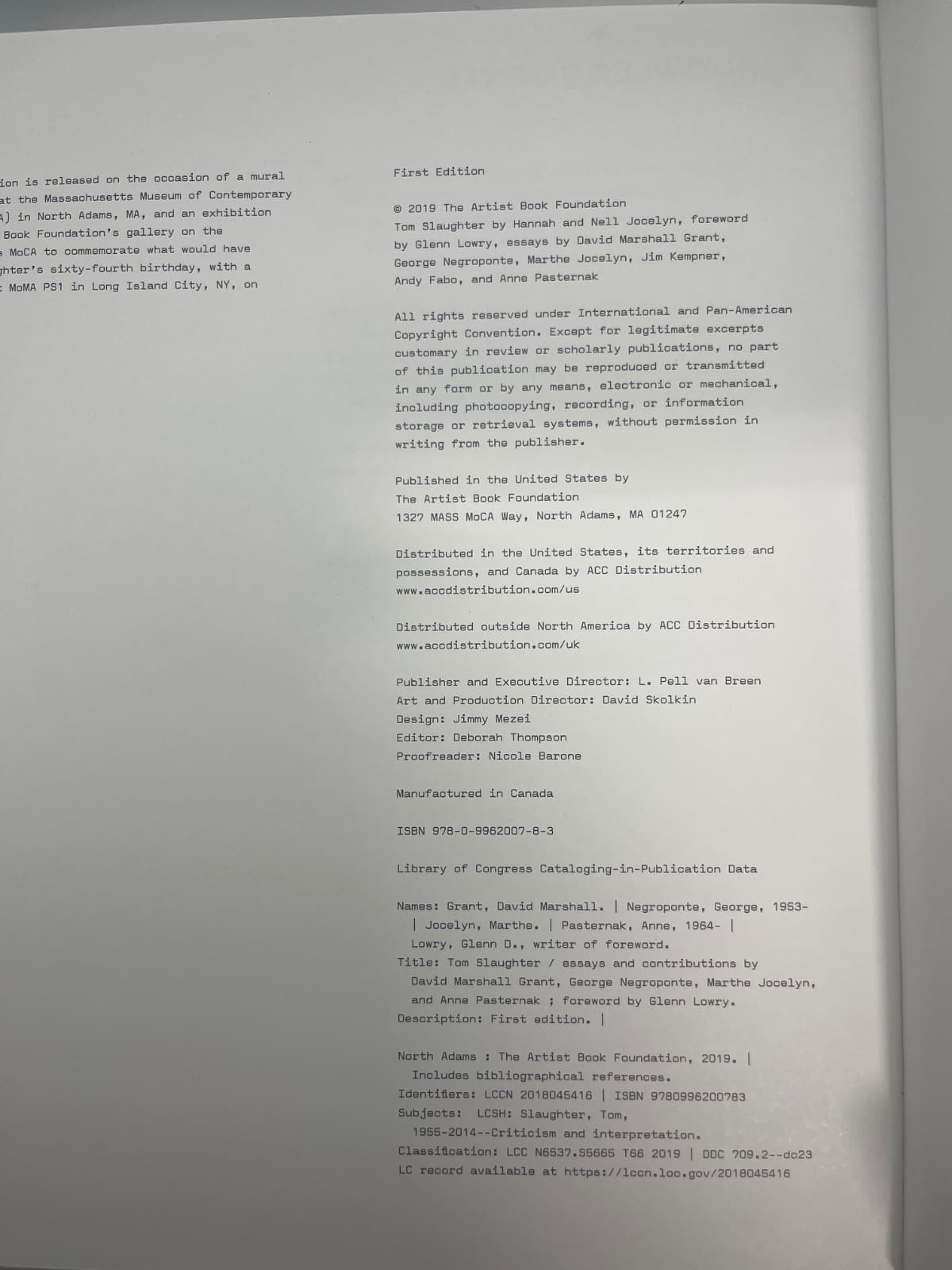 Tom Slaughter by Essays and Contributions by David Marshall Grant, George Negroponte, Marthe Jocelyn, Anne Pasternak - copyright page showing 2019 details