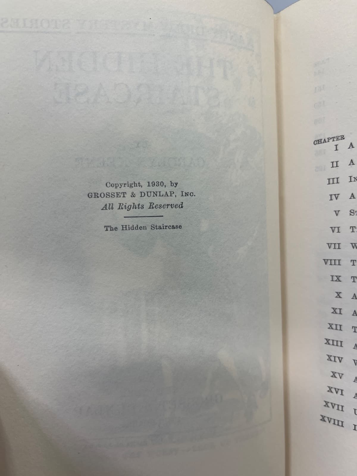 The Hidden Staircase by Carolyn Keene - copyright page showing 1930 details