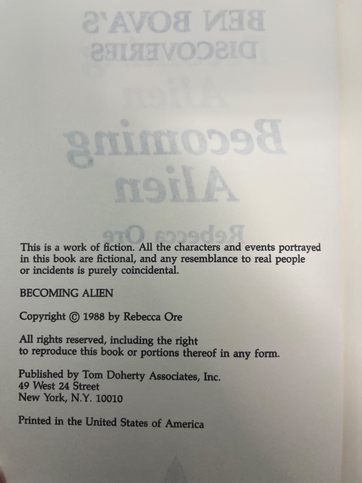 Becoming Alien by Rebecca Ore - copyright page showing 1988 details