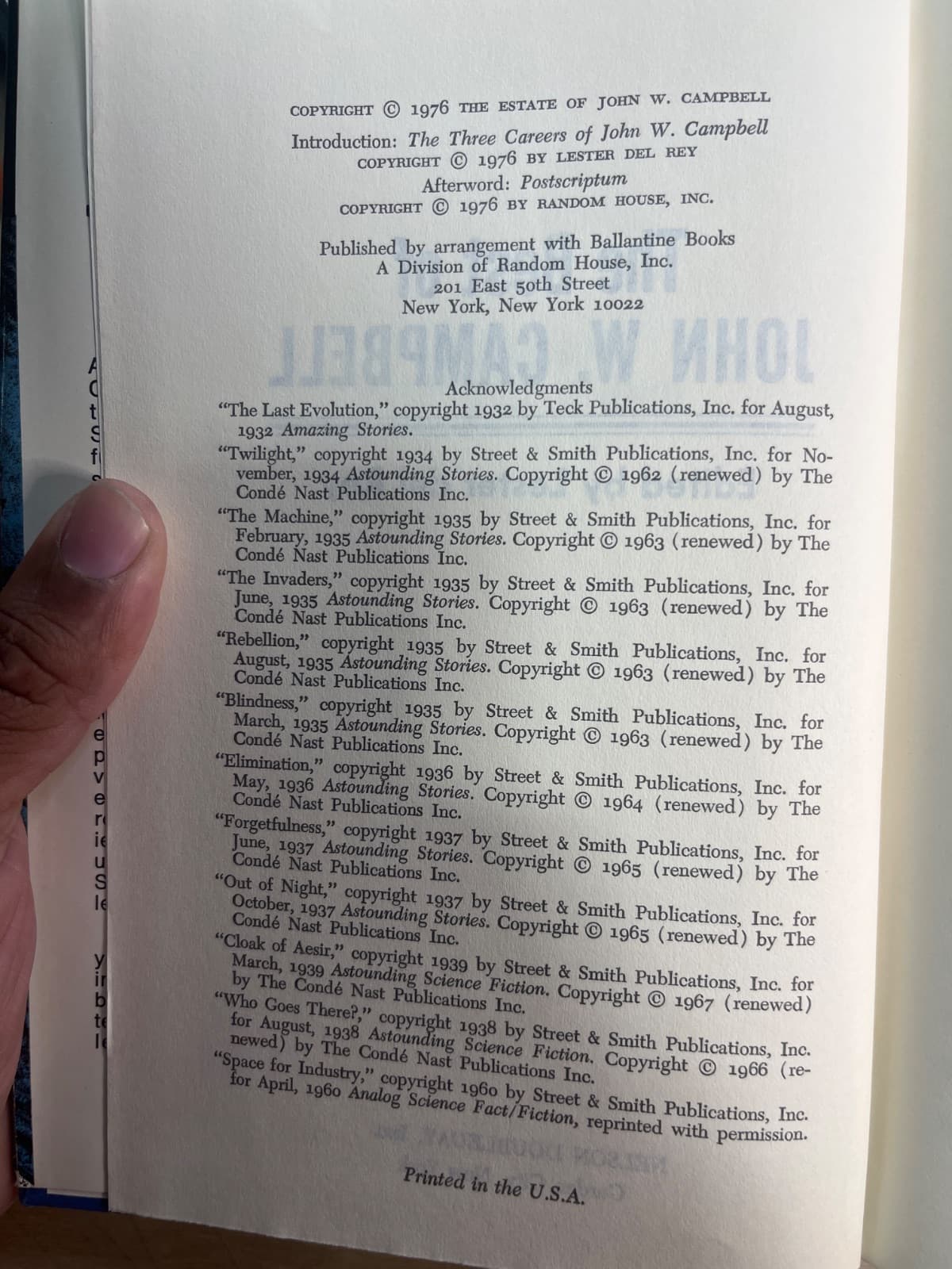 The Best of John W. Campbell by John W. Campbell - copyright page showing 1976 details