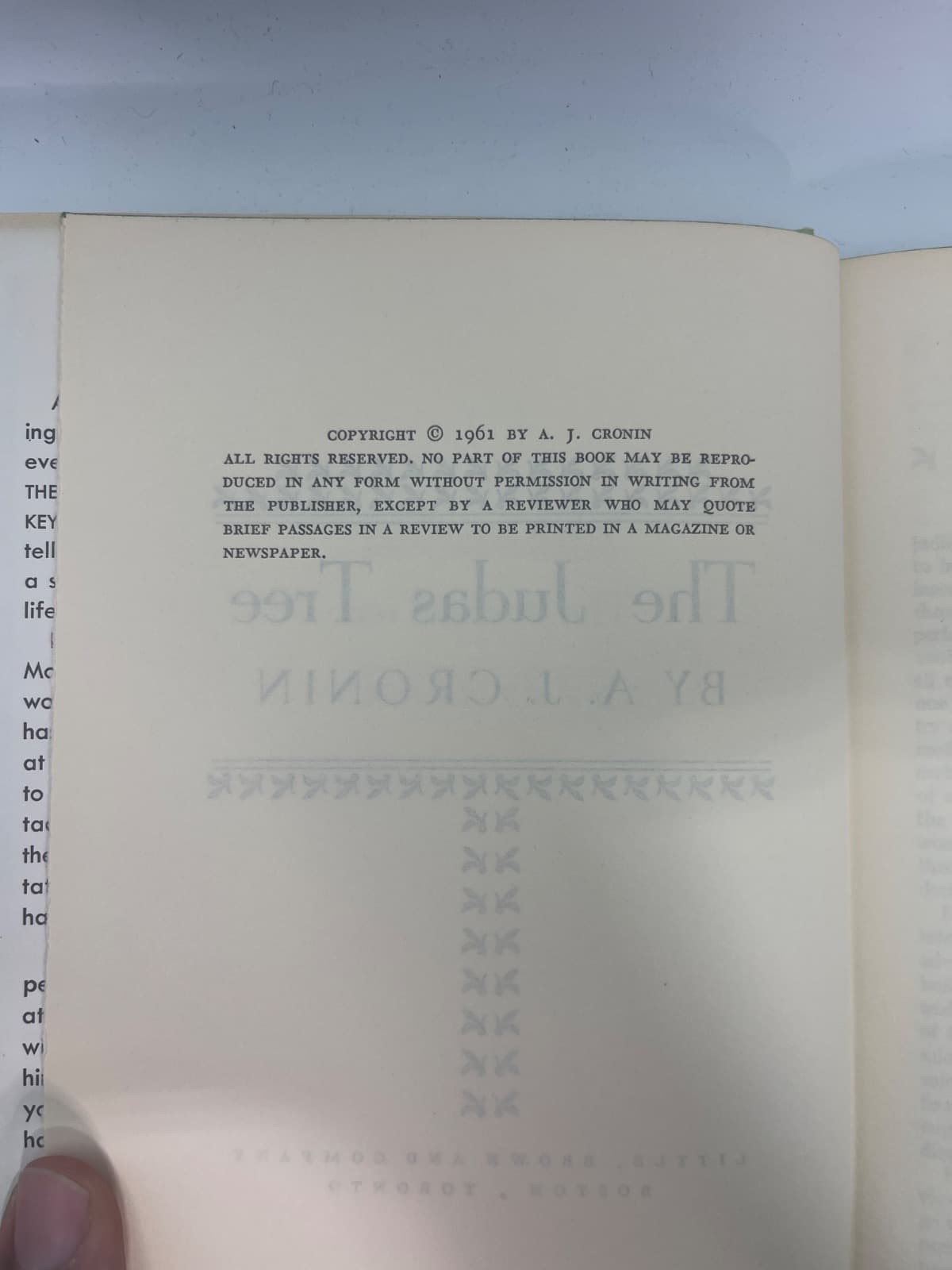 The Judas Tree by A. J. Cronin - copyright page showing 1961 details