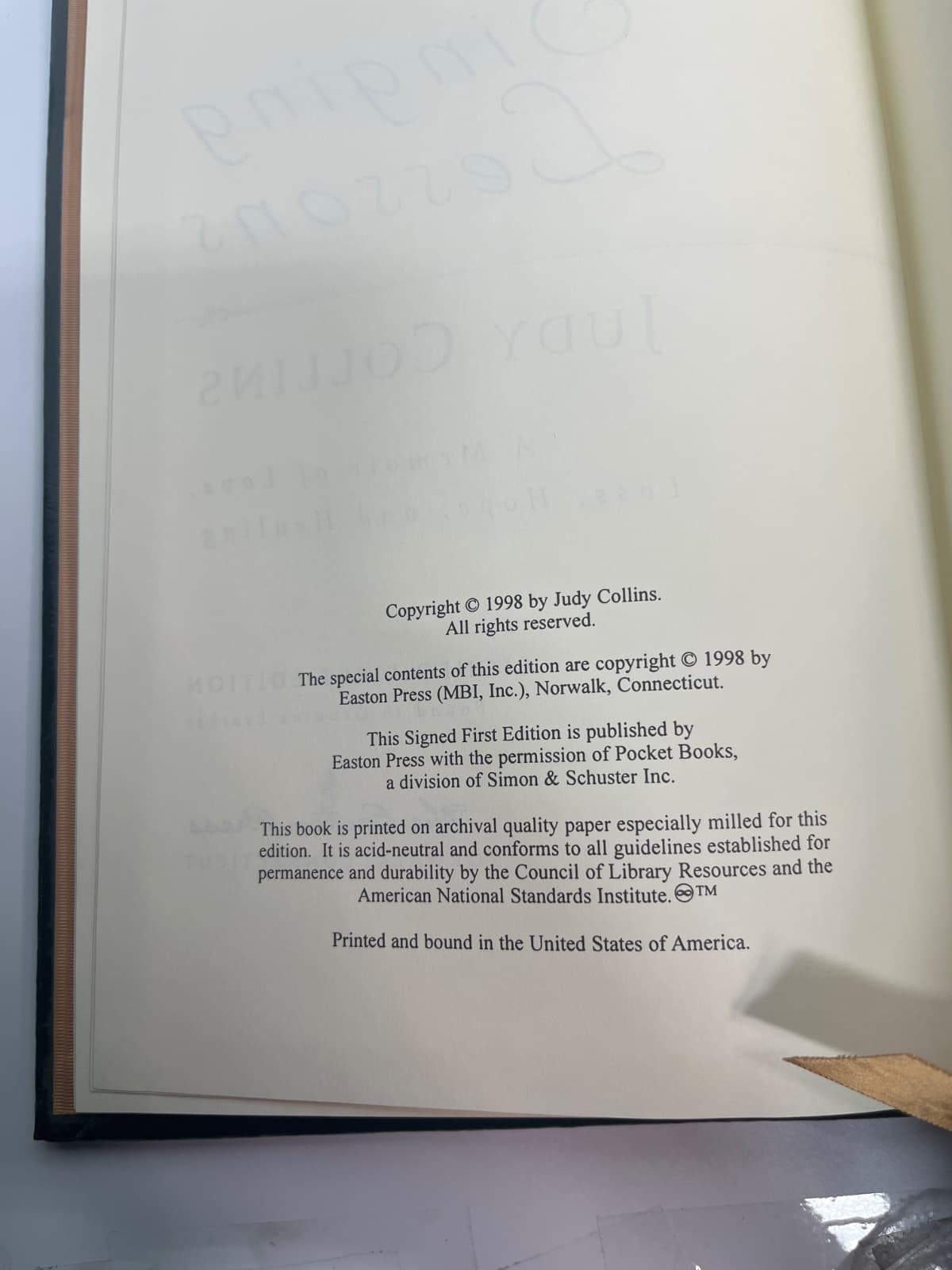 Singing Lessons by Judy Collins - copyright page showing 1998 details