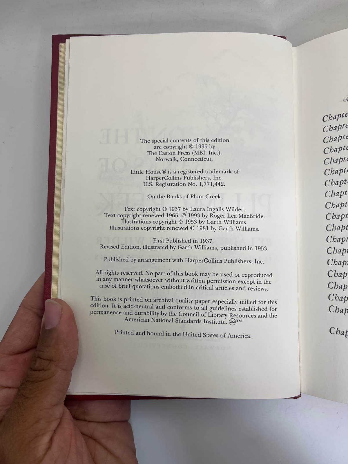 On the Banks of Plum Creek - Easton Press by Laura Ingalls Wilder - copyright page showing 1995 details