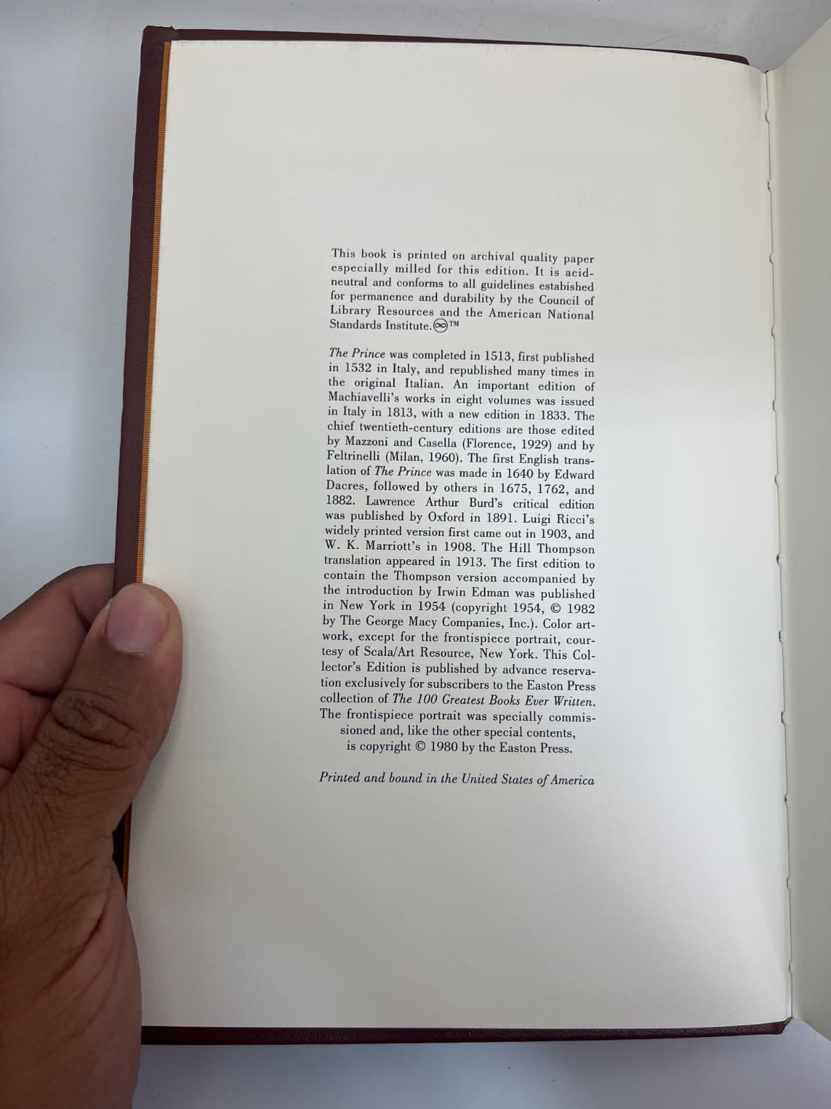 The Prince - Easton Press by Niccolo Machiavelli - copyright page showing 1980 details
