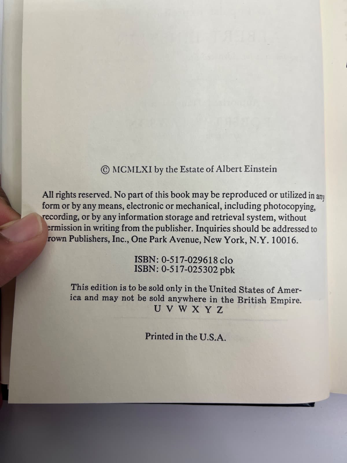 Relativity: The Special and the General Theory by Albert Einstein - copyright page showing 1961 details