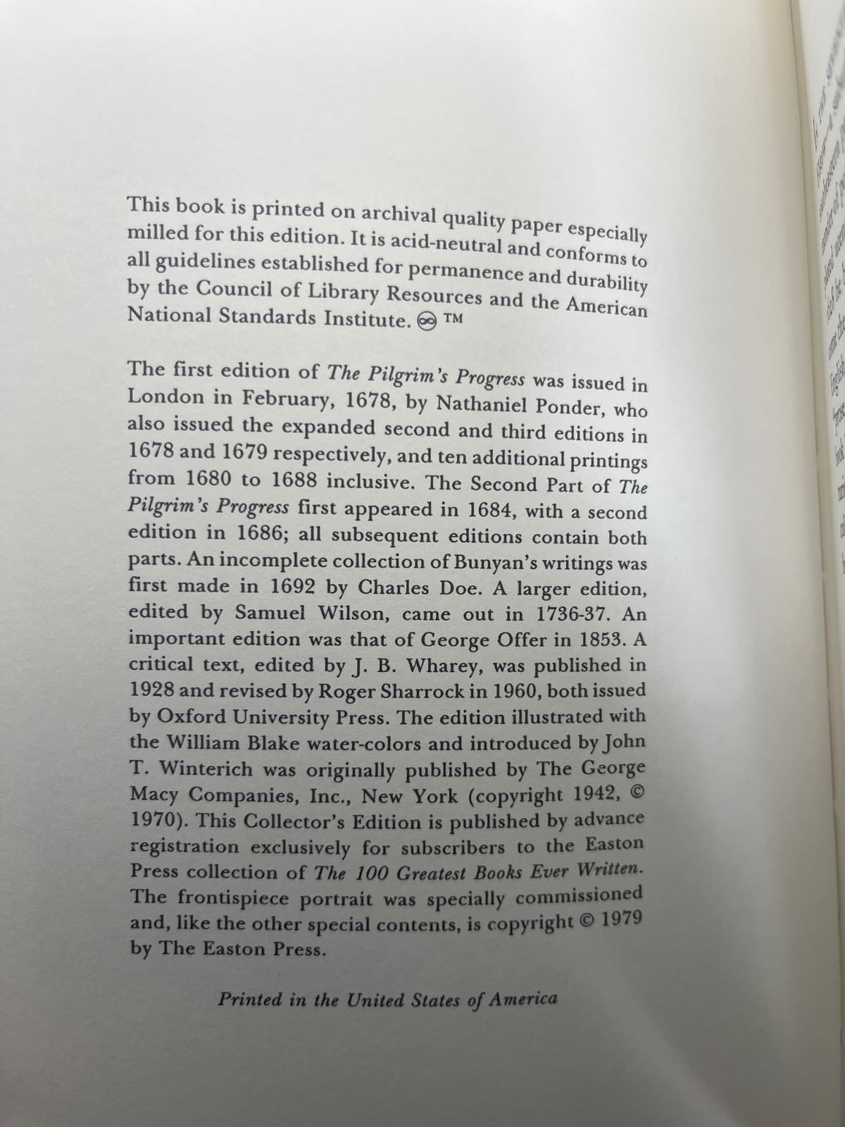 The Pilgrim's Progress - EASTON PRESS by John Bunyan - copyright page showing 1979 details