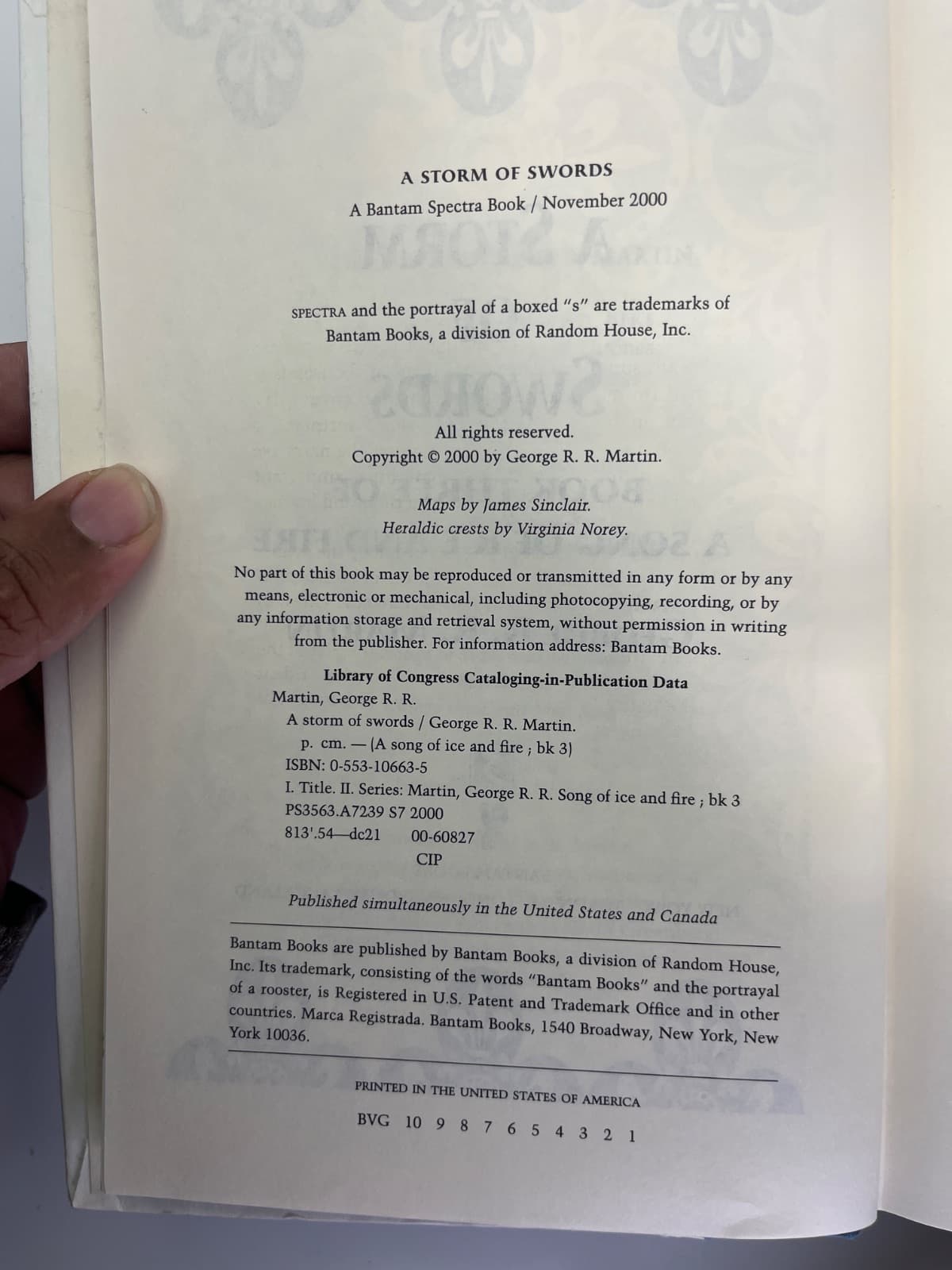 A Storm of Swords - No Dust Jacket - First Edition by George R. R. Martin - copyright page showing 2000 details
